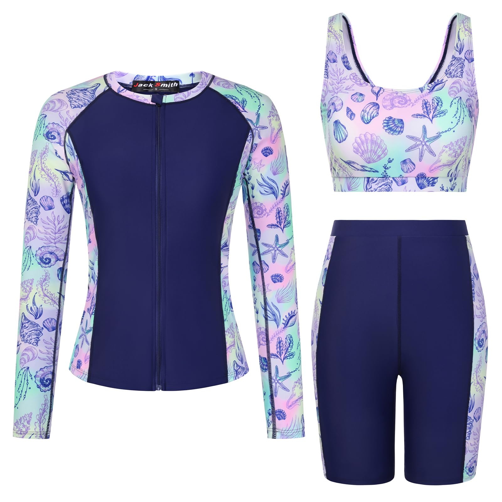 JACK SMITH Women's 3 Piece Long Sleeve Rash Guard Swimsuits Zip Front Bathing Suit Tankini Swimsuits UPF 50