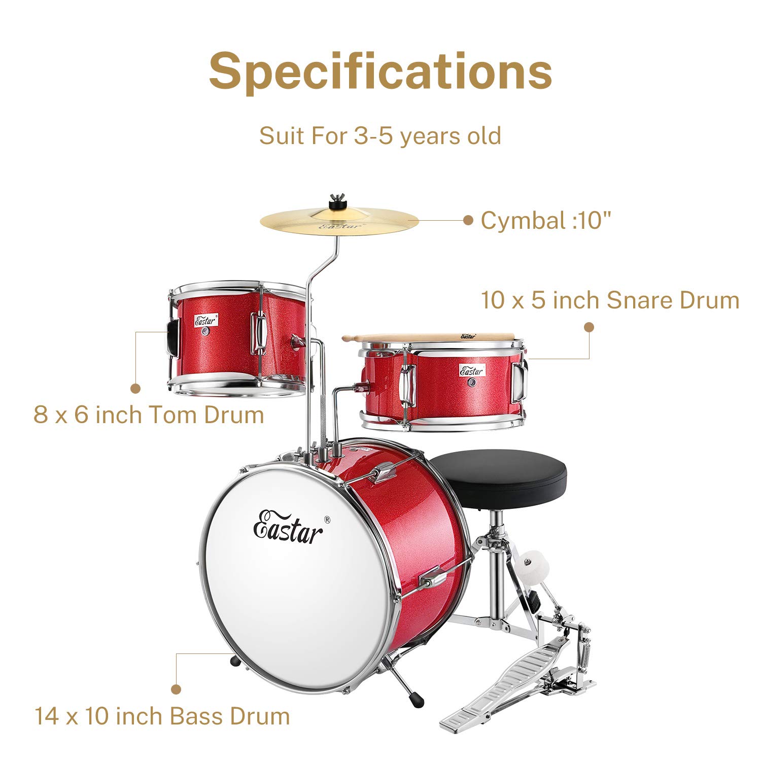 Amazon.com: Eastar Drum Set for Kids and Beginners, 3-Piece 14'' Drum Kit  with Adjustable Throne, Cymbal, Pedal & Two Pairs of Drumsticks, Junior Drum  Set with Bass Tom Snare Drum, Metallic Red :