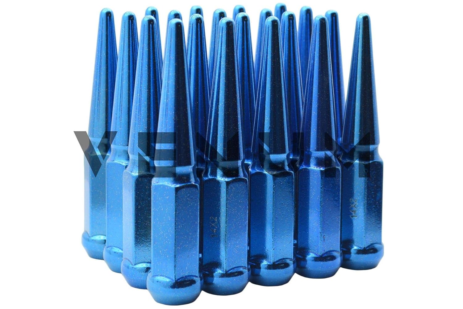 32 Pc Powder Coated Candy Blue Metallic Sparkle Spike Lug Nuts | M14x1.5 | 4.5 inch Tall | 1 Piece Construction | Works with Ford Trucks 2003-2016 F-250 F-350 8x170 MM 8x200 MM Powerstroke