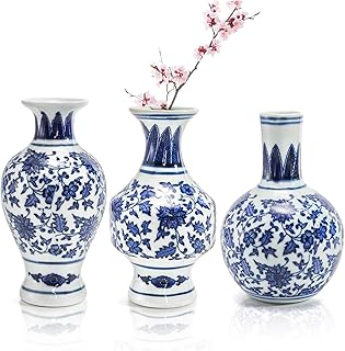 Goaste 3 Pack Small Blue and White Porcelain Vases, 5.5 Inch Tall Mini Vintage Vases, Classic Decorative Bud Vase, Chinoiserie Ceramic Vase for Home Decor, Office, Party Decoration and Events