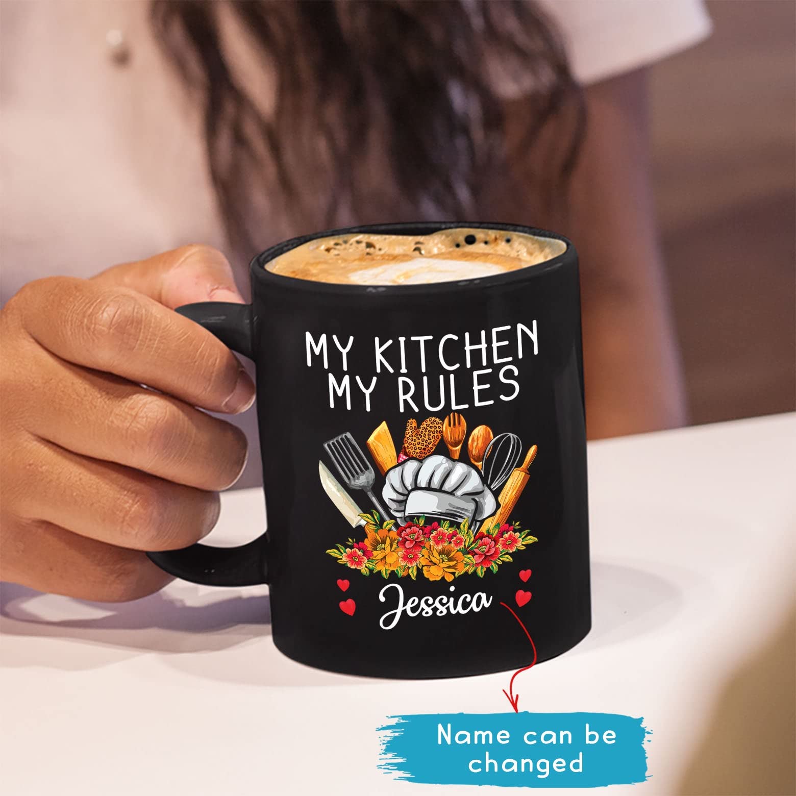 My Kitchen My Rules Chef Black Coffee Mug 11oz 15oz, Personalized Chef Mug, Floral Chef Coffee Cup, Pastry Chef Gift, Custom Chef Ceramic Mug With Name, Cooking Mug For Chef, Cooking Tools Cup