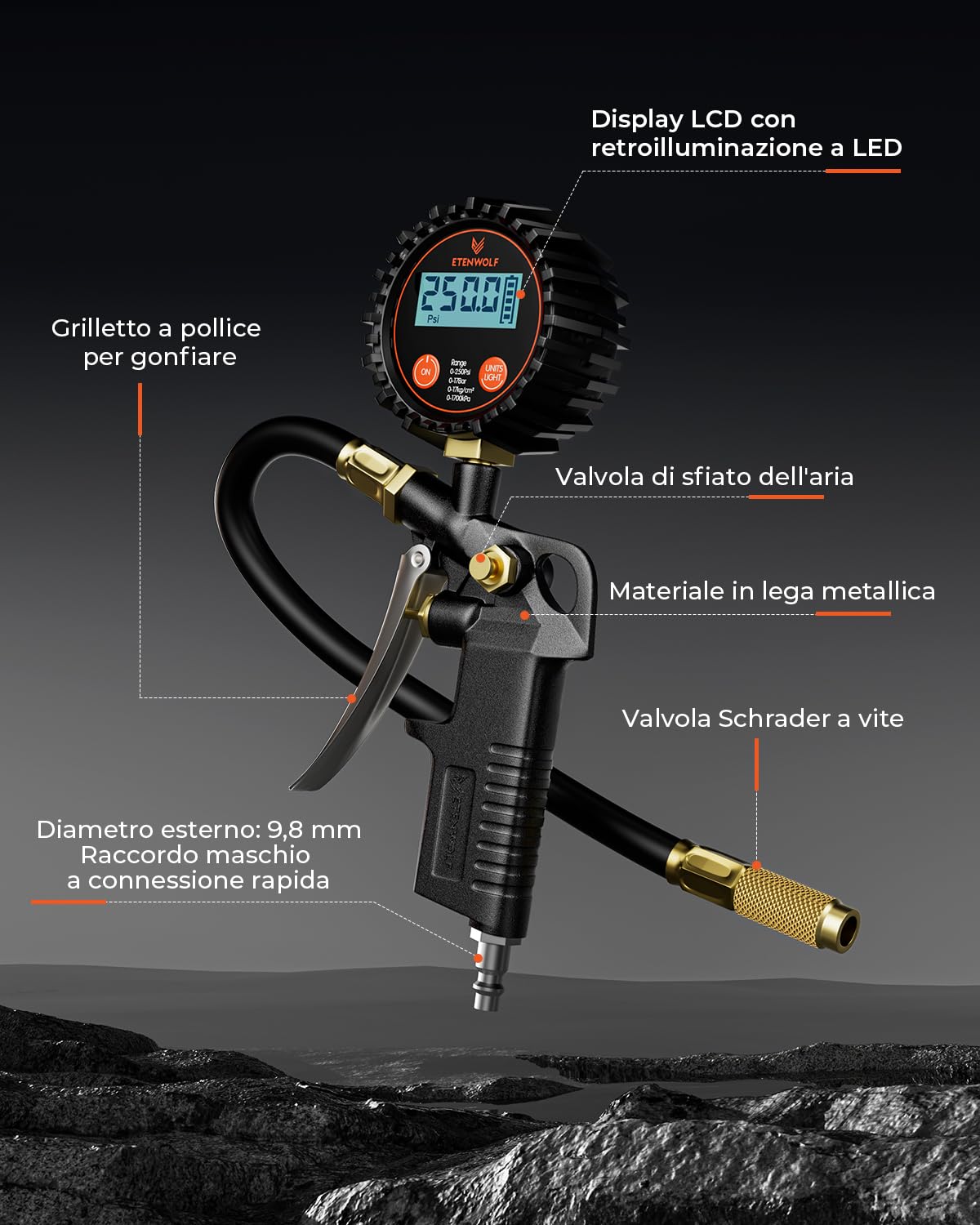 ETENWOLF T500 Manometro Pressione Gomme Pistola Gonfiaggio Pneumatici, Manometro Digitale Professionale 0-17Bar/250 PSI, Valvola di Riempimento e Accessori per Compressore con Borsa da Trasporto
