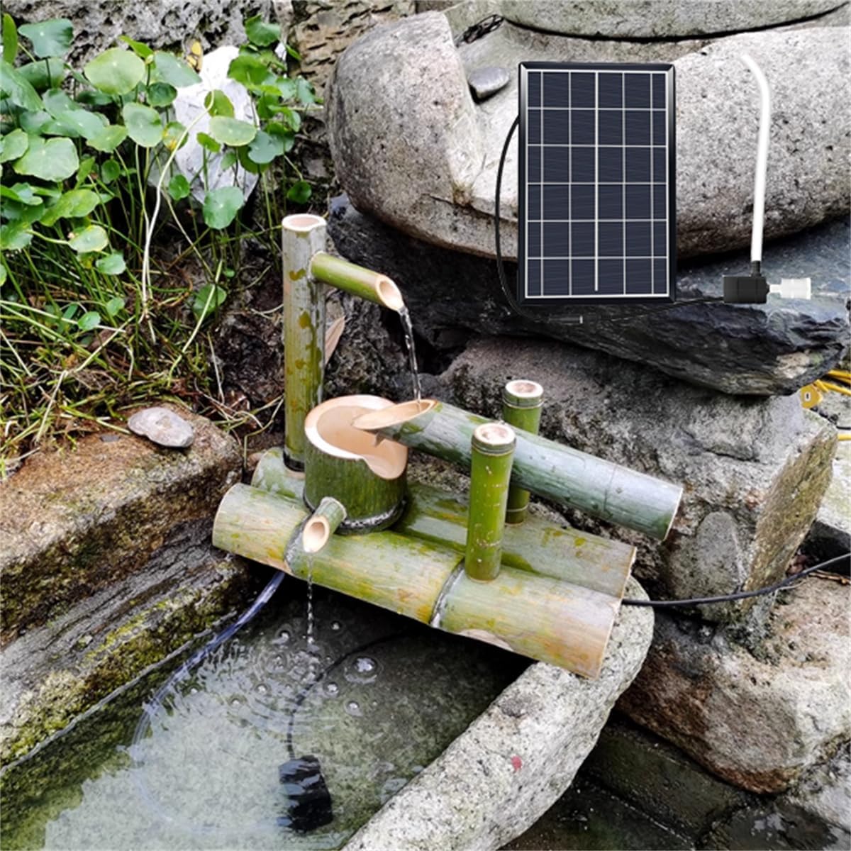 Bamboo Fountain Decor, Water with Pump Bamboo Water Fountain with Pump, Japanese Rocking Bamboo Solar Water Fountain Kit,Outdoor Freestanding Fountains Backyard Pond Kit f