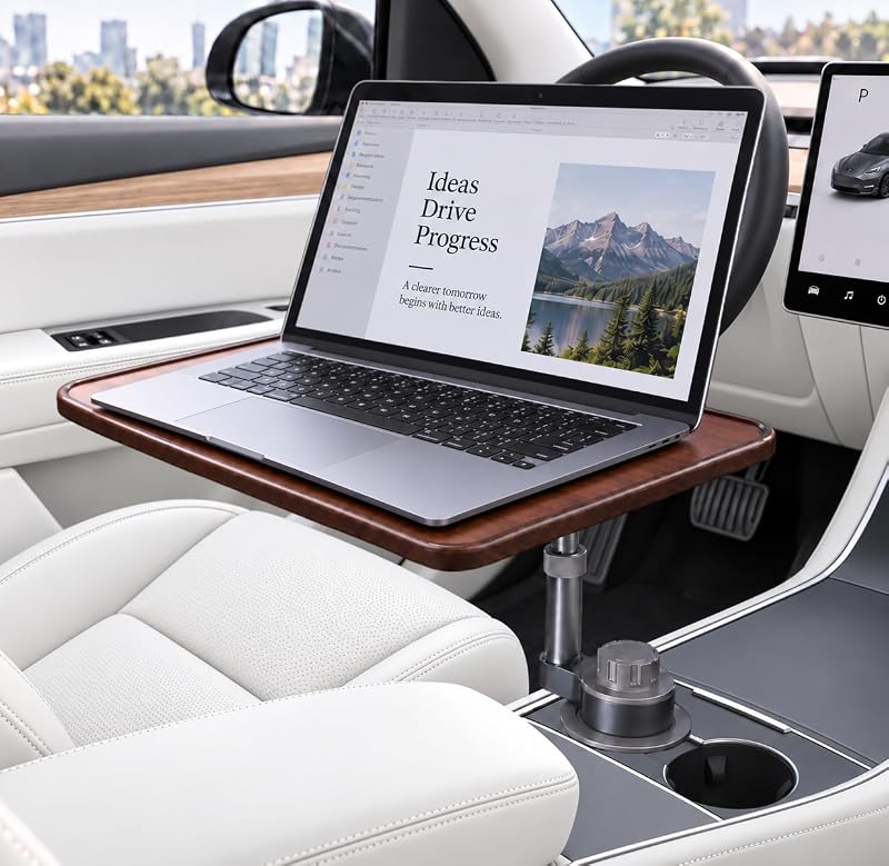 Bandeja de Mesa Automotiva Giratória 360° em Madeira Tipo Nogueira para Notebook e Refeições, Compatível com Tesla Model 3/Y/S e Veículos com Porta-Copos Redondo, kiaikmc KCT002
