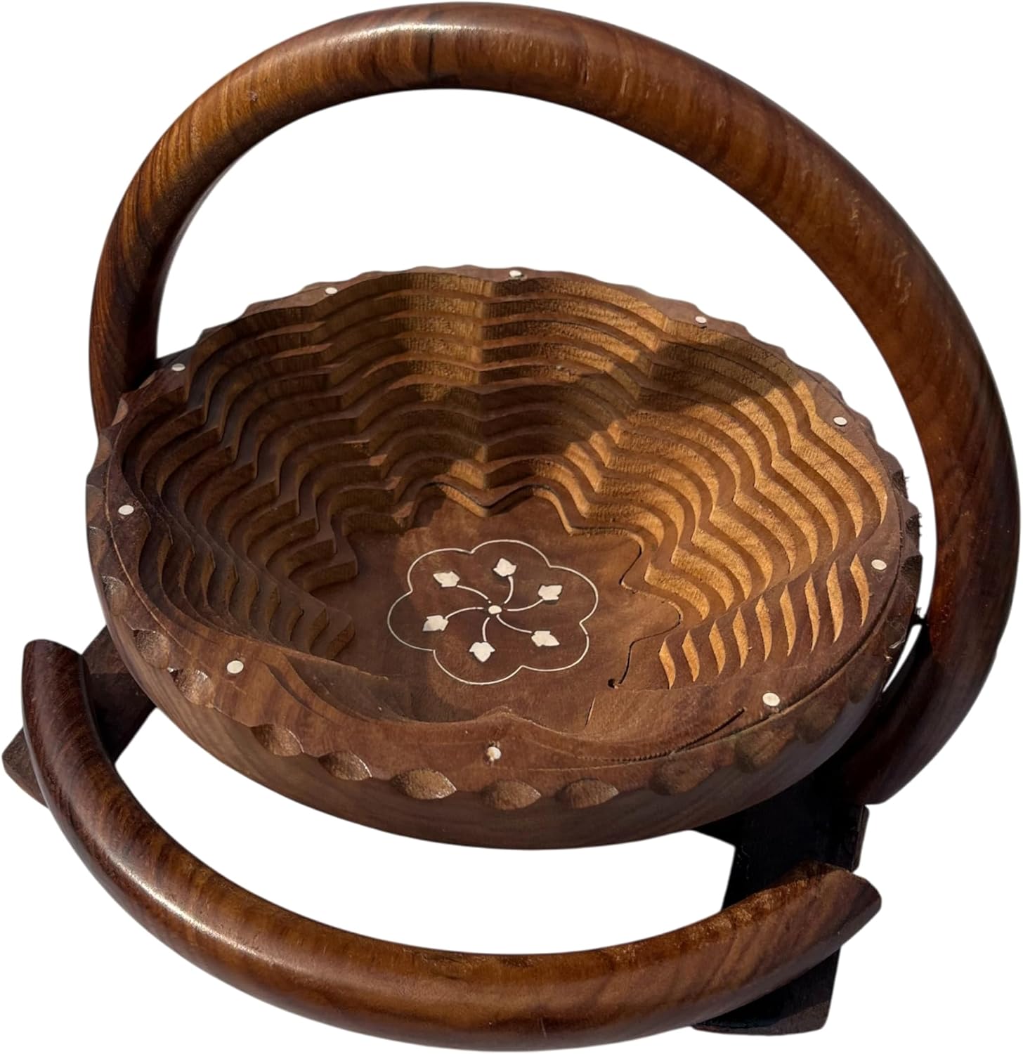 Handcrafted Carved Foldable Wooden Fruit Basket with Carry Handle | Collapsible Solid Wood Serving Bowl for Fruits, Dry Fruits & Table Décor