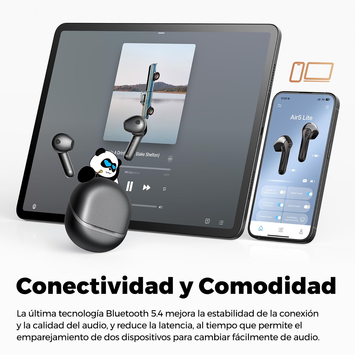 SoundPEATS Air5 Lite Auriculares Inalámbricos con Audio de Hi-Res, Auriculares Bluetooth 5.4, Controladores de 13 mm, Códec LDAC, Reducción de Ruido de Llamadas, 30H, Control de App, Carga Rápida