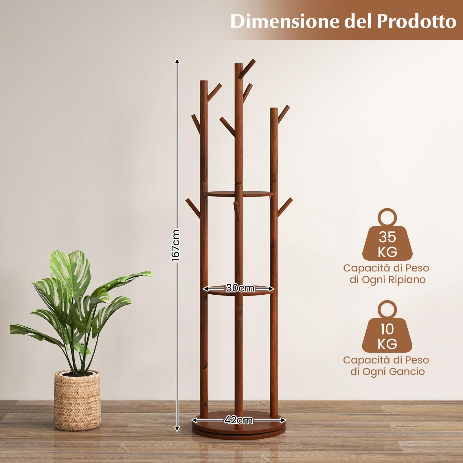 COSTWAY Attaccapanni Girevole a Forma di Albero, Appendiabiti con 3 Ripiani e 9 Ganci, Appendiabiti 167 cm per Ingresso Salotto Camera da Letto