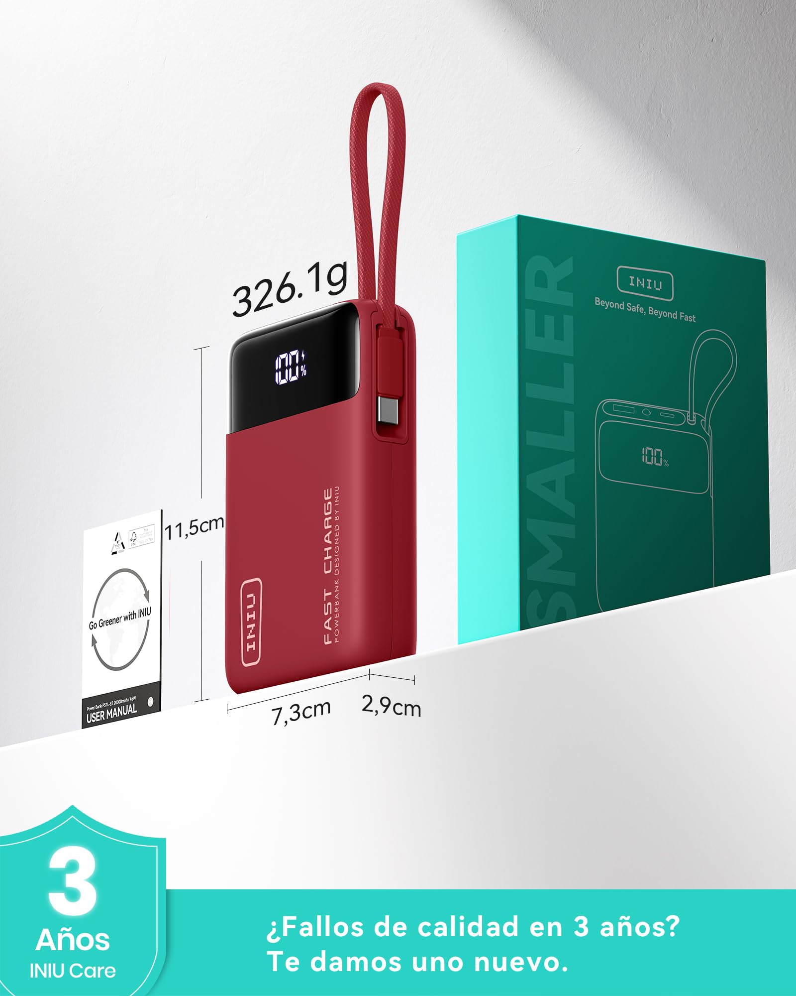 INIU Power Bank, Pequeño 20000mAh 45W Carga Rapida Travel Batería Externa | Cable USB-C Integrado, Apto para Avión, Esenciales de Viaje, Portatil Movil para iPhone 17 16, iPad, Samsung, Xiaomi etc