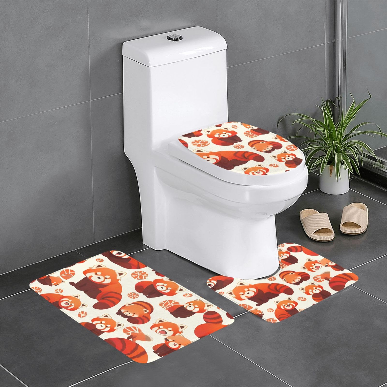 Tapis de salle de bain antidérapants lot de 3 motif panda rouge pour baignoire et toilettes
