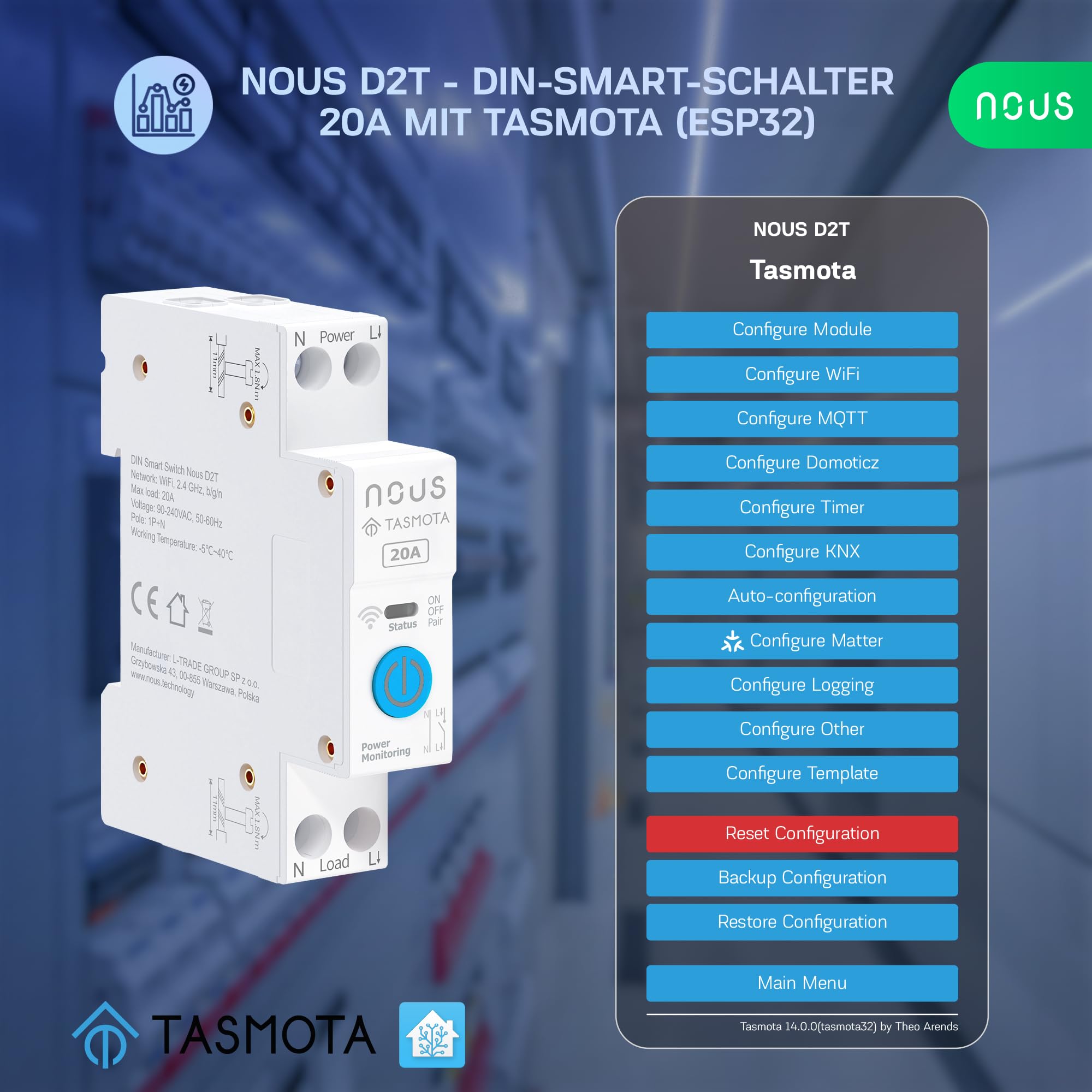 Nous Inteligentny przełącznik DIN 20 A z Tasmota (ESP32), monitorowanie energii, kompatybilny z MQTT, Home Assistant, Matter, sterowanie głosem za pomocą Alexa, Google Assistant