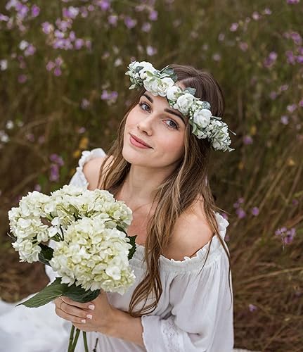 Miniatura 4 de Vividsun Diadema de flores bohemias, guirnalda floral, corona, boda, festival, fiesta, tocado (rosa blanca pequeña)