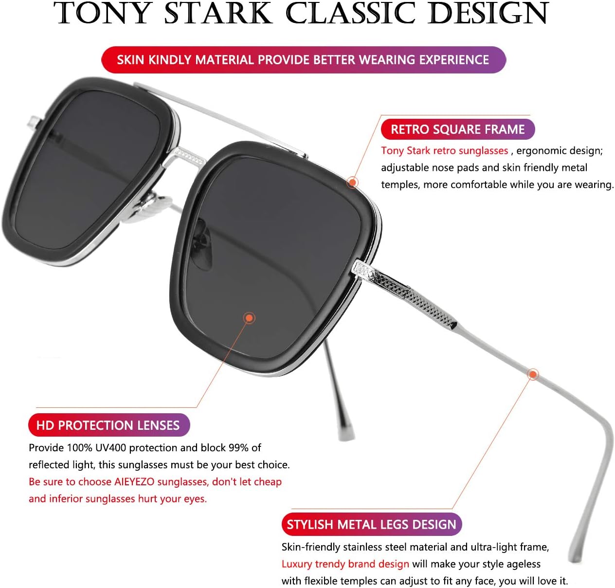 AIEYEZO Tony Stark Sunglasses Vintage Square Metal Frame Eyeglasses for Men Women - Iron Man and Edith Sun Glasses - Image 4