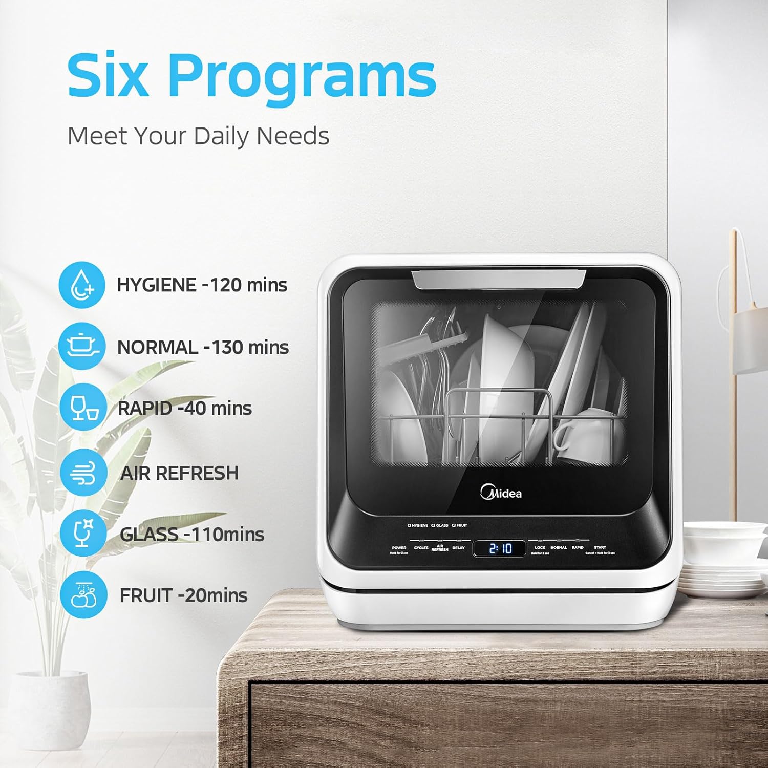 Midea MDC17P0ABB Portable Countertop Mini 5L Built-in Water Tank, No Hookup Needed, 6 Programs, 360° Dual Spray, 162℉ High-Temp& Air-Refresh Function, Dishwasher for Apartments& RVs, Black