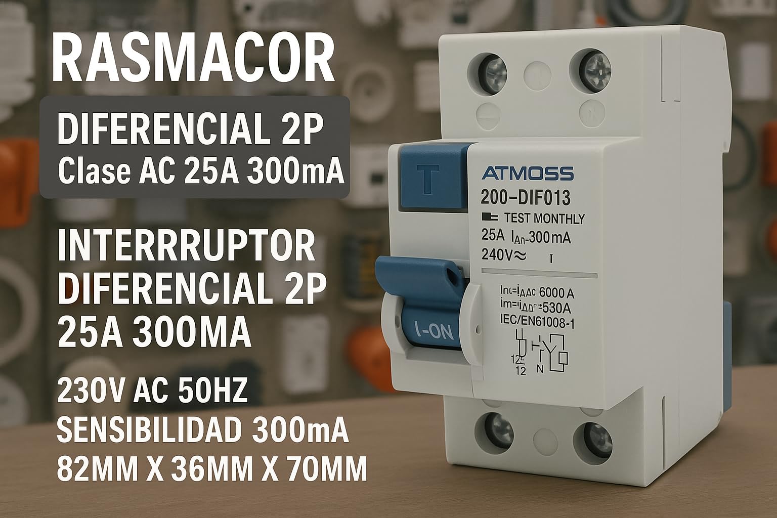 RASMACOR | Interrupteur DIFFÉRENTIEL 2P 6KA Classe AC 25A 300mA | Interrupteur différentiel 2P 25A 300MA | 230V CA 50HZ | Sensibilité 300MA | 82 mm X 36 mm X 70 mm |