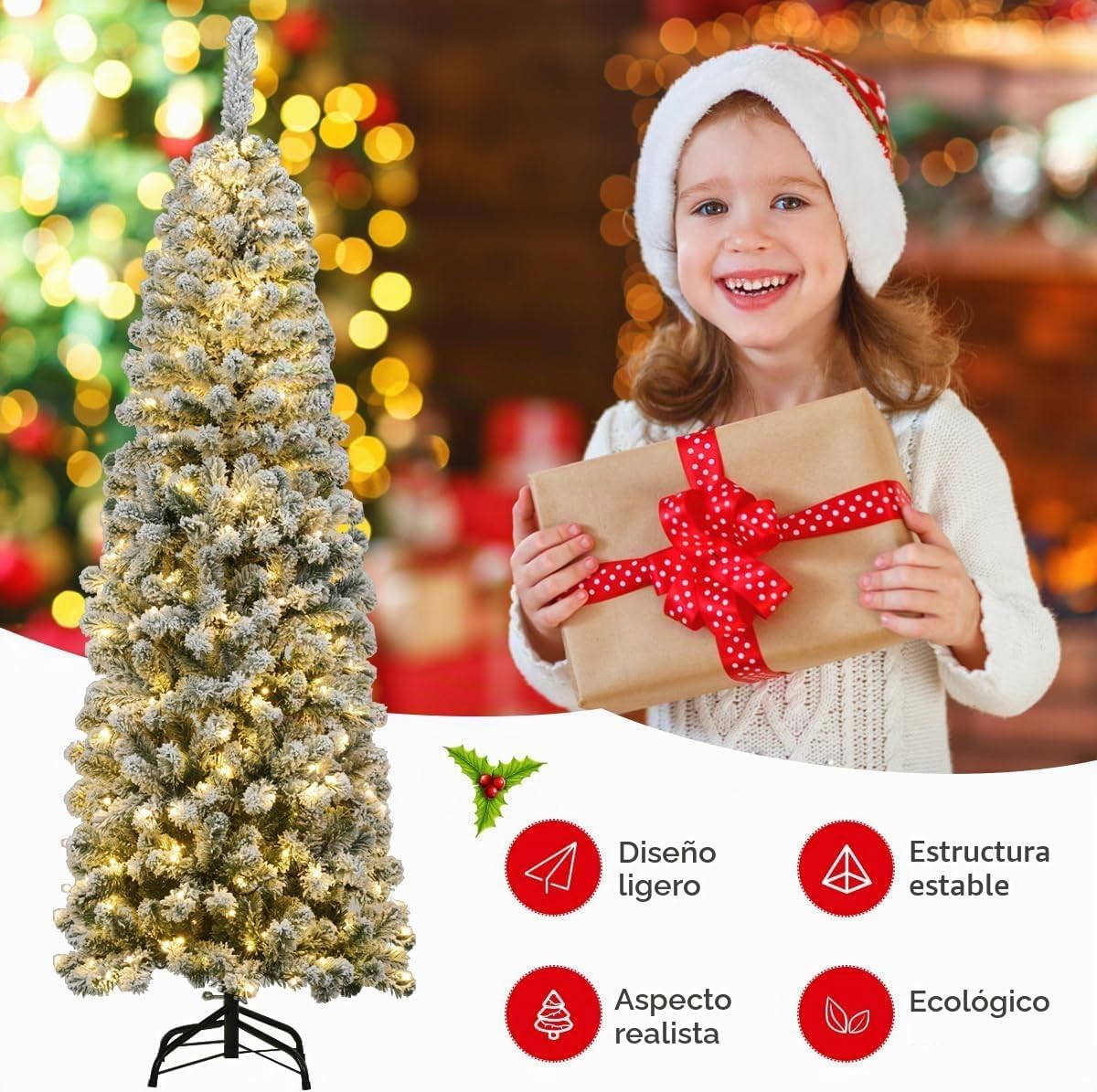 GOPLUS 135/180/225 cm Árbol de Navidad Artificial con Luces LED & Nieve & Soporte de Metal Plegable, Decoración Navideña de Árbol Nevado Esbelto y Flocado (180 cm)