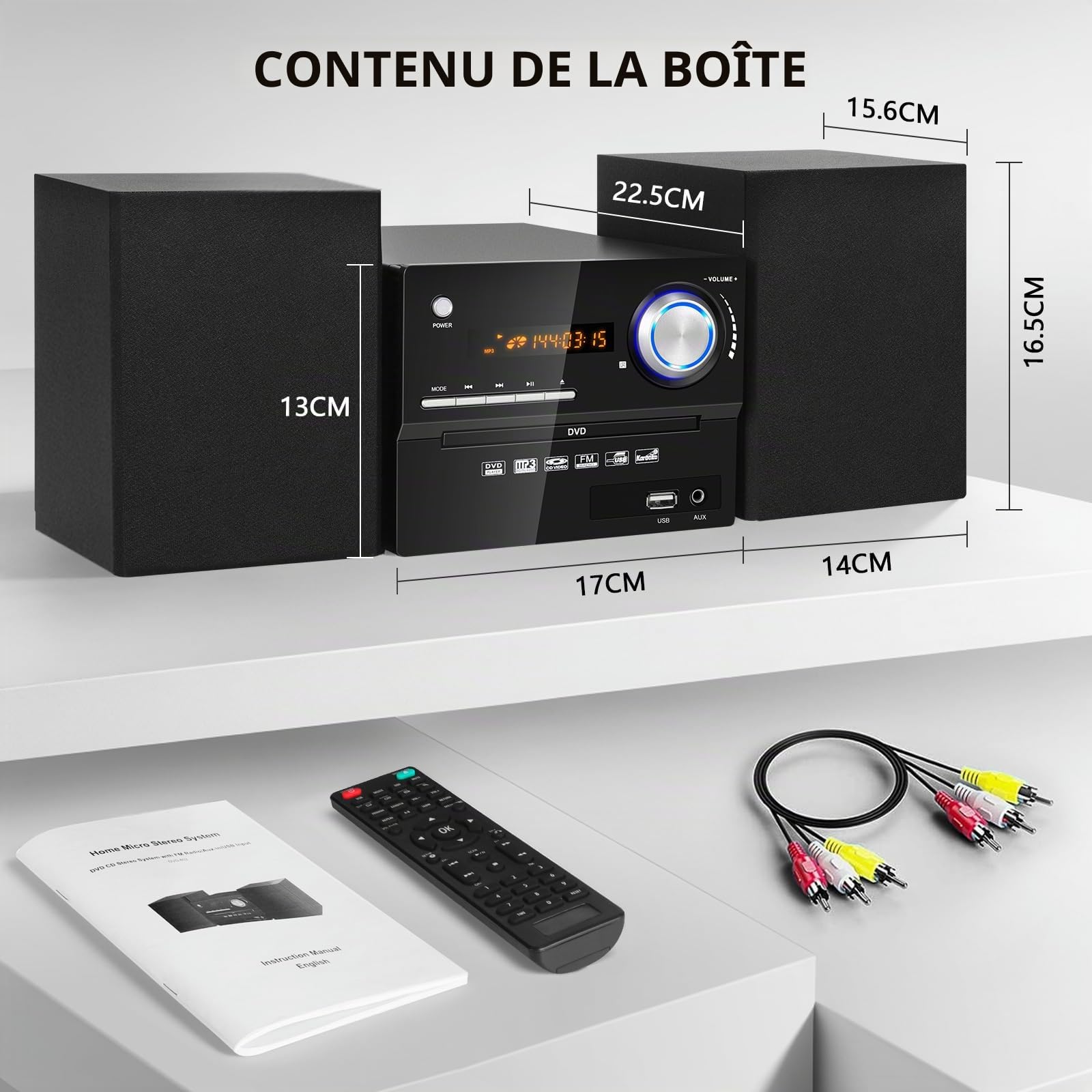 Mini Chaîne HiFi CD, Micro Chaînes Hi-FI Stéréo 30W, Micro-Système Audio Bluetooth, Radio FM, Lecteur CD/DVD Stereo, Entrée Auxiliaire, Lecture USB et Sortie RCA, Design Élégant Adapté pour la Maison