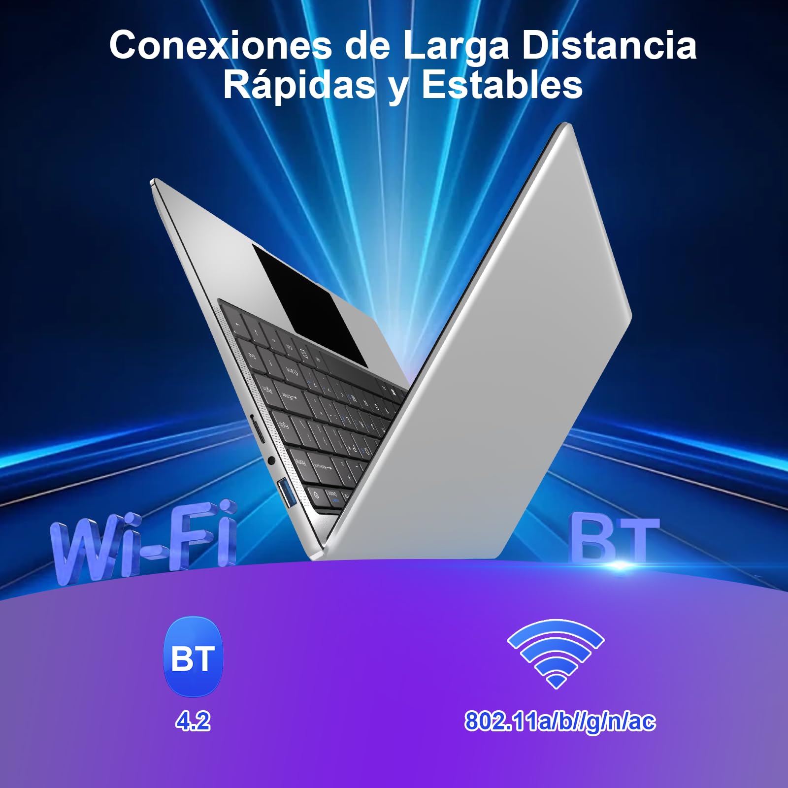 bvate 2026 Ordenador Portátil 14" Win11 8GB 256GB SSD Soporte 1TB SSD Expansión Portátils 2.4G+5G WiFi BT 4.2 USB HDMI 1920x1080 FHD con Ratón Inalámbrico y Teclado Español Membrana - Plata