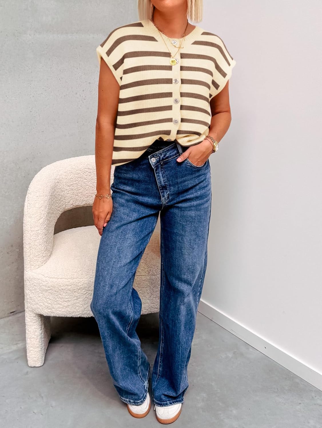 Cicy Bell Womens Striped Cap Sleeve Sweater Vest Crew Neck Button Down Cardigan Cute Knit Tops - Image 4