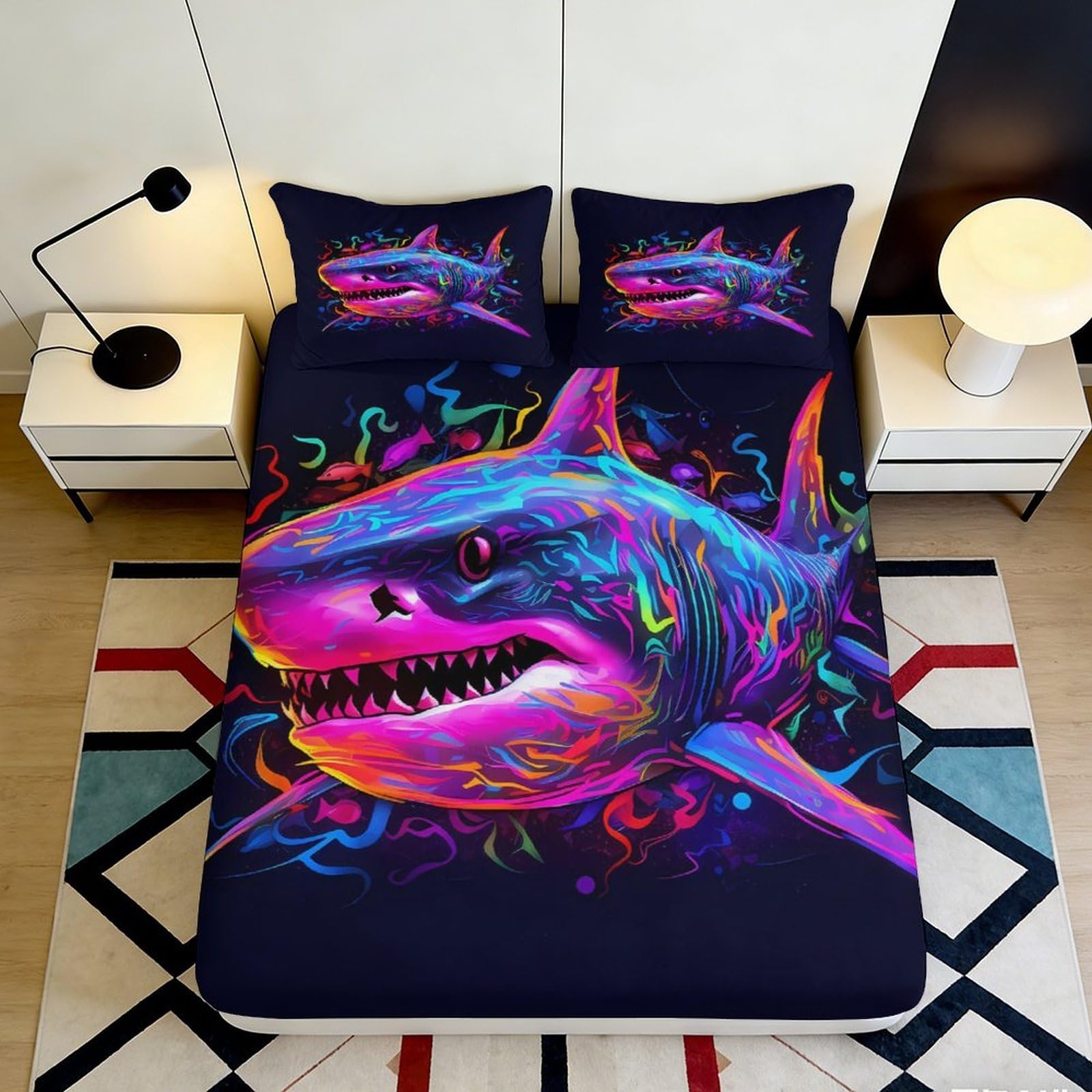 3D Printed Neon Shark Fitted Sheet Microfiber Soft Vibrant Ocean Art Mattress Cover for Bedroom Home Decor 90x200x25cm