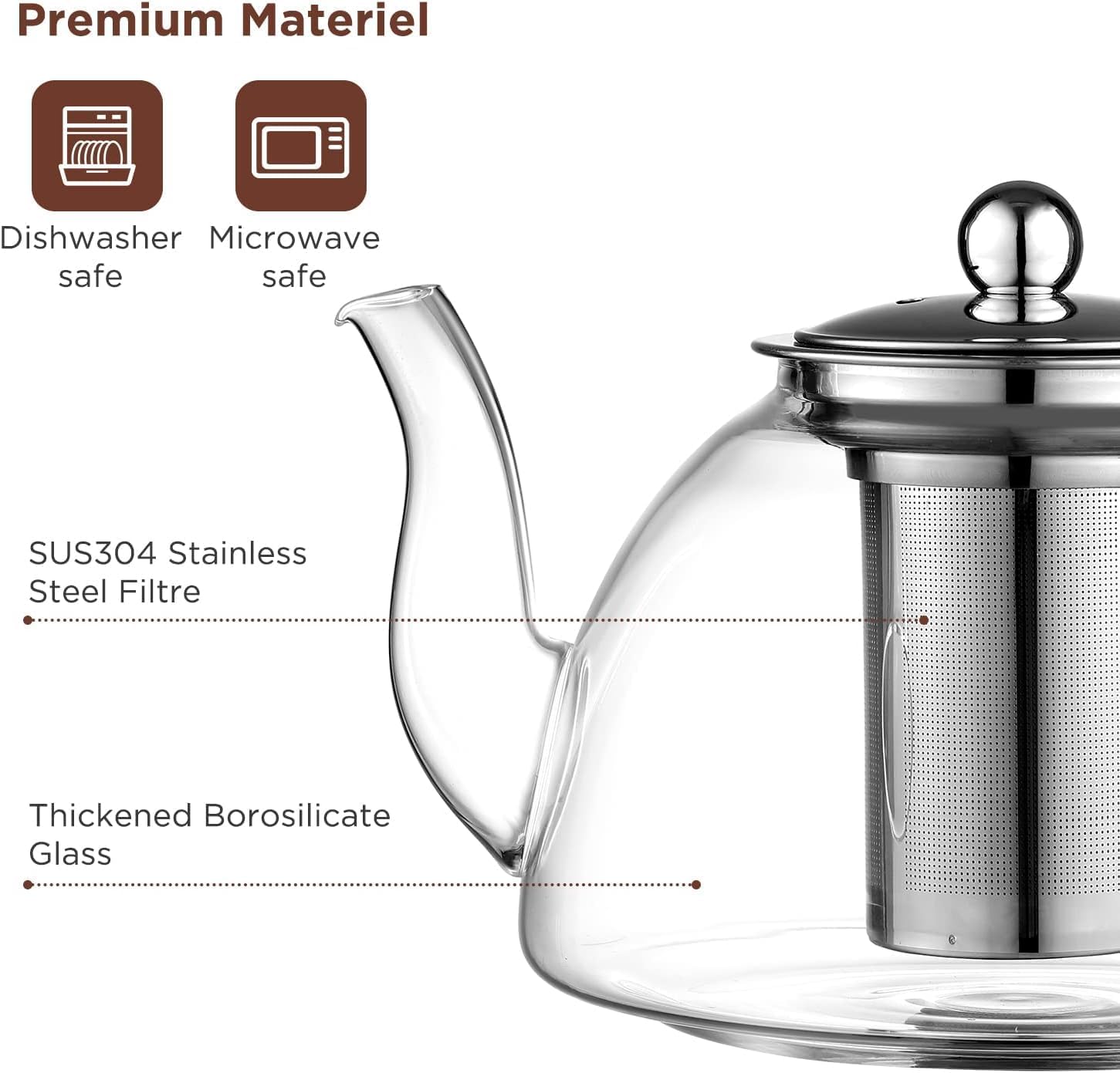 Ehugos Glass Teapot, 1300ml/44 oz Stovetop Safe Glass Teapot with Removable Stainless Infuser for Loose Leaf Tea, Hot/Iced Water, Juice Beverage