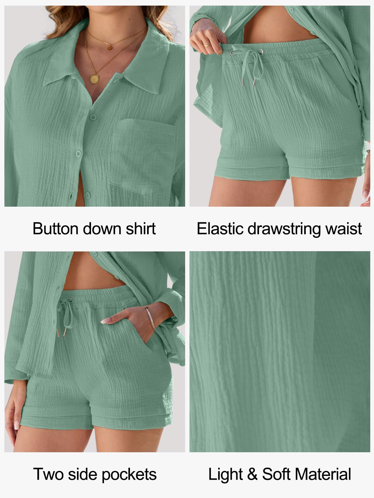 CheChury Completo Donna Elegante 2 Pezzi in Lino Estivo Camicia a Maniche Lunghe e Pantaloncini Set Tuta Casual Completi Sportivo Camicie con Bottoni Pantaloncini con Coulisse Spiaggia Lavoro Vacanza