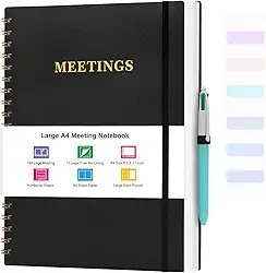 Meeting Notebook for Work, Notebooks for Work 8.5" x 11", Professional Meeting Notes Notebook for Women Men, Large Spiral Notebook with Numbered Page, Sticky Tabs, PVC Pockets for Organization, Black