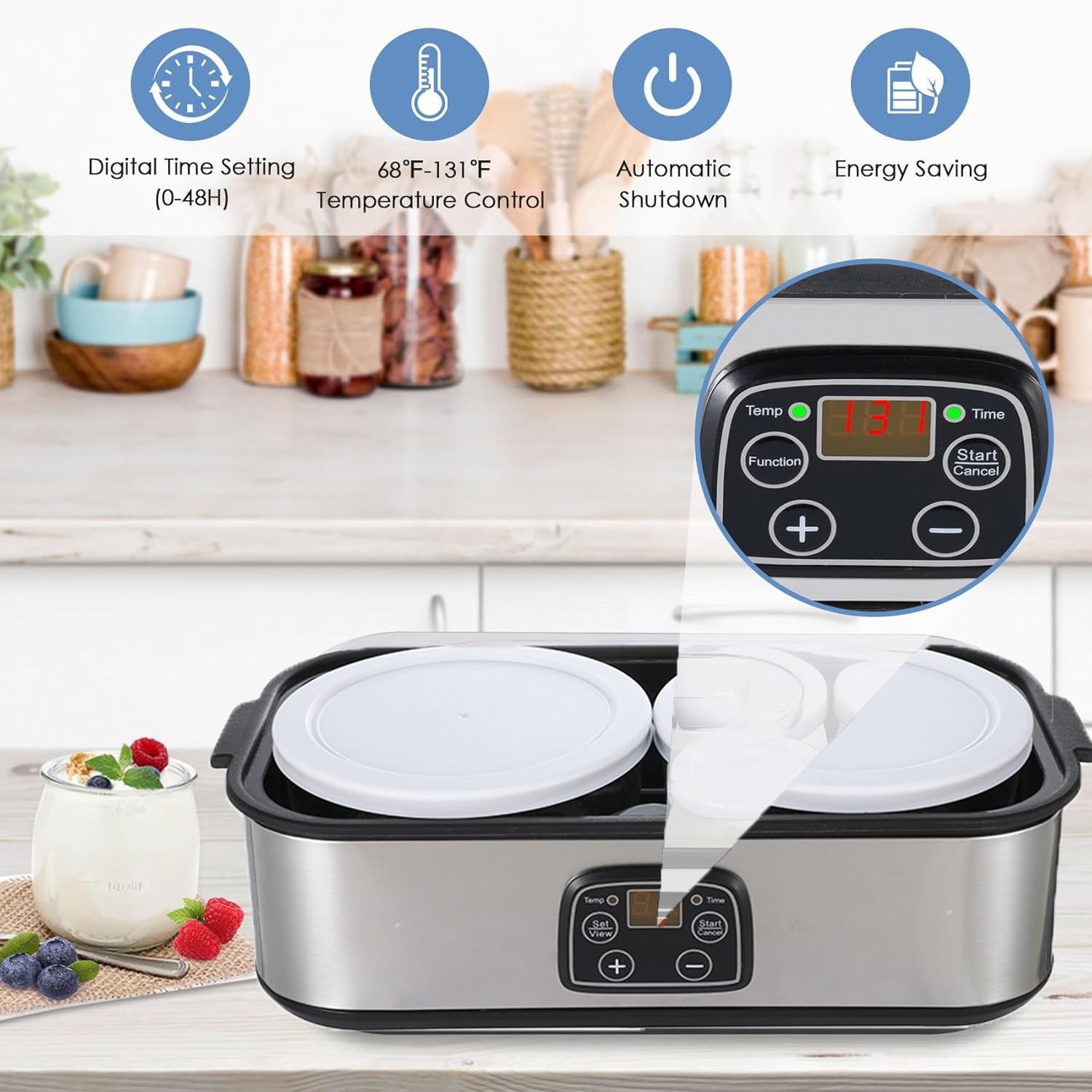 Yogurtiera automatica, 2 l, temperatura regolabile e timer, yogurtiera elettrica con indicatore LED e 2 contenitori in vetro, ideale per la preparazione di yogurt biologico, latticini, formaggio