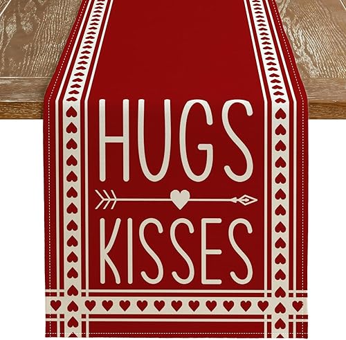 ARKENY Camino de mesa para el día de la madre de 13 x 72 pulgadas, Hugs Kisses Red Seasonal Burlap Farmhouse Indoor Kitchen Anniversary Wedding