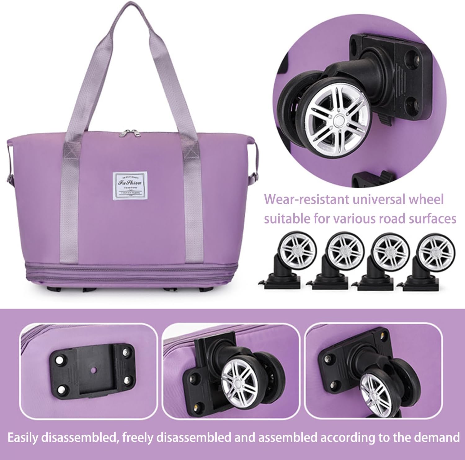 Rolling Duffel Bag with Wheels, Expandable Large Travel Luggage Lightweight & Durable Foldable Carry-On Bag with Removable Wheels for Shopping, Gym, Camping and Trave (Purple) - Image 3