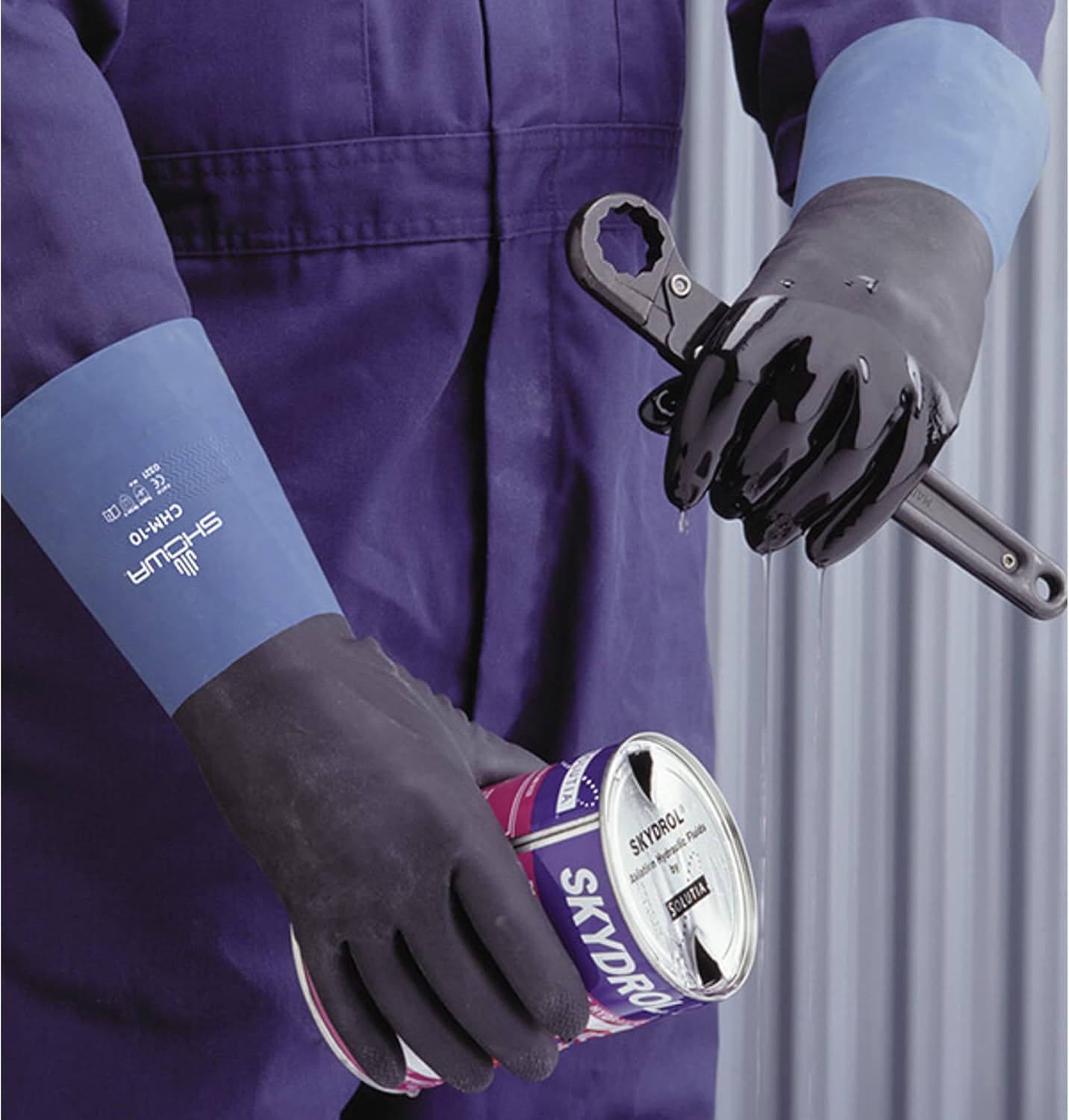 SHOWA CHM Neoprene Over Natural Rubber Latex Chemical Resistant Safety Glove with Cotton Flock Liner, Food Safe, 26 Mil Thick