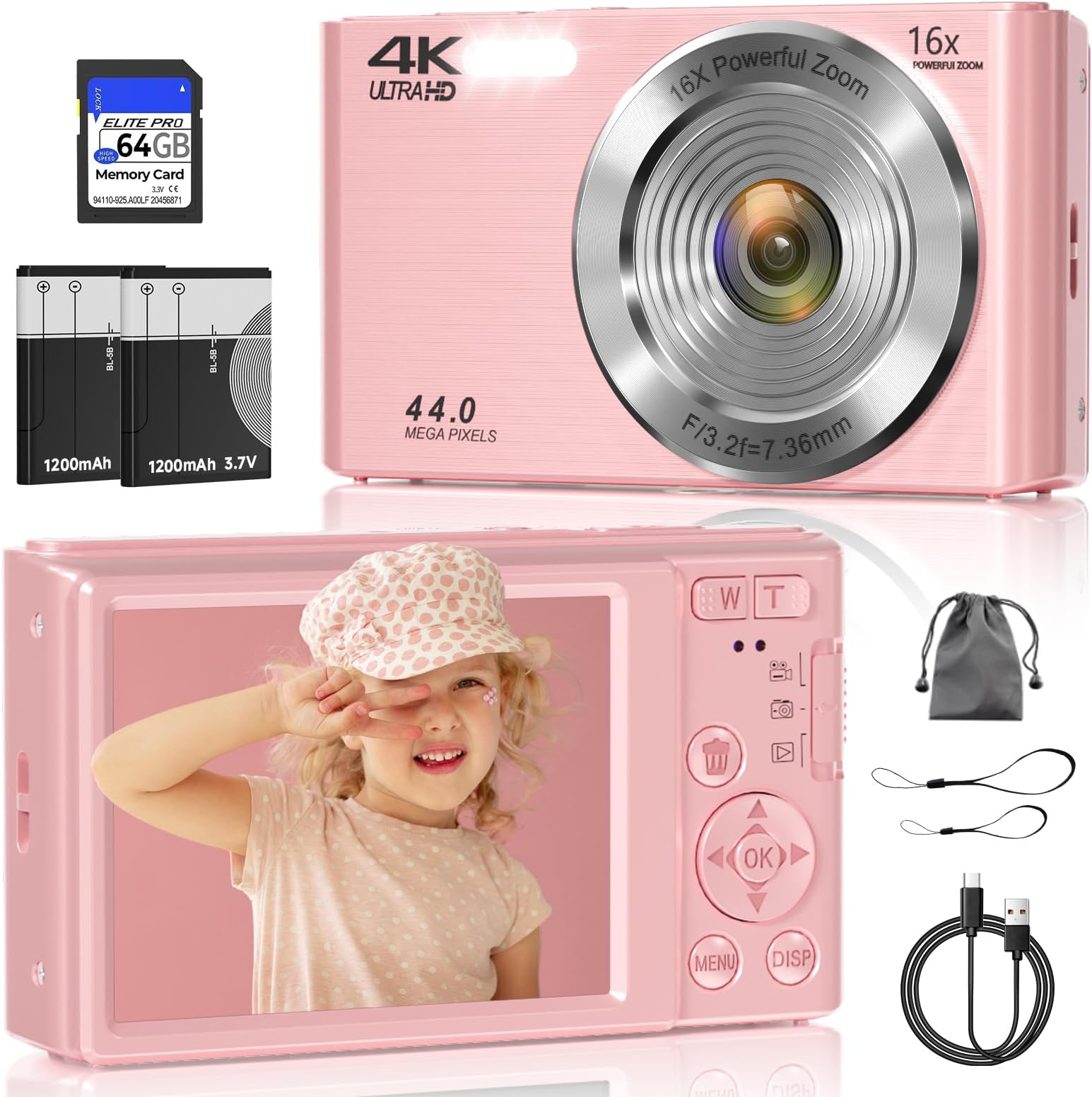 Digital Camera, FHD 4K 44MP Digital Camera for Photography, 16X Digital Zoom, Digital Point and Shoot Camera with 3-LED Fill Lights, 64GB SD Card, Compact Camera for Kids Teen Boys Girls, Pink