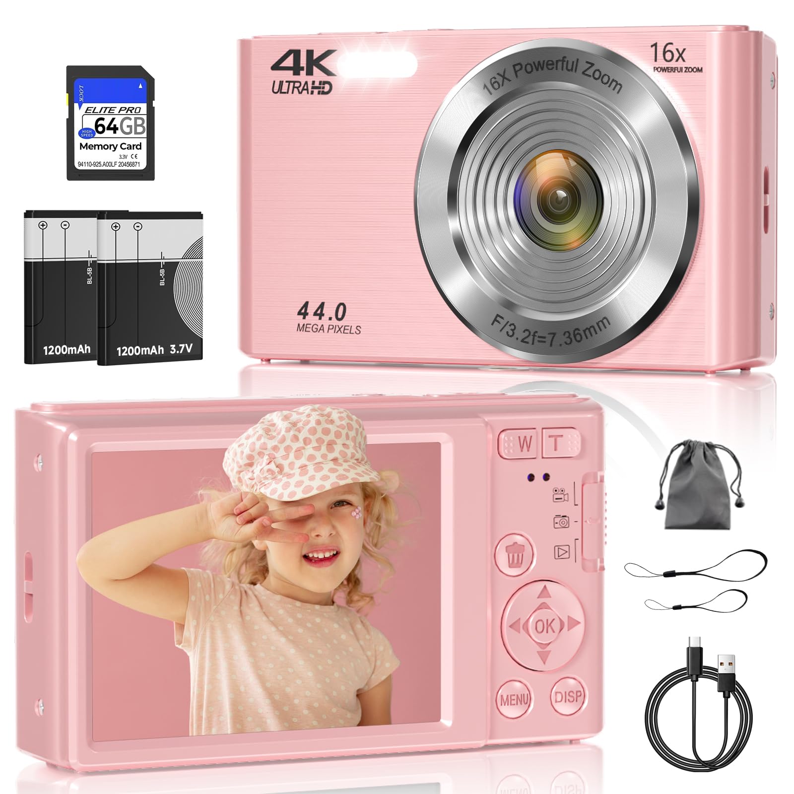 Digital Camera, FHD 4K 44MP Digital Camera for Photography, 16X Digital Zoom, Digital Point and Shoot Camera with 3-LED Fill Lights, 64GB SD Card,