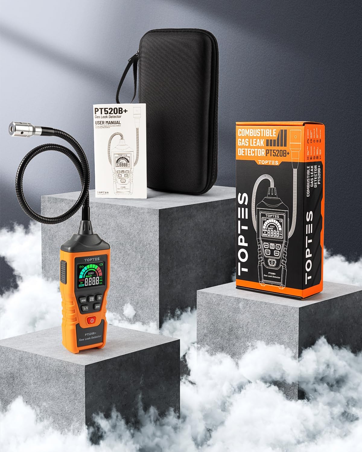 Rechargeable Gas Leak Detector, PT520B+ Natural Gas Leak Detector with a 17-inch Probe to Situate Gas Leaks for Propane, Natural Gas, Methane, LPG in RV or Home, Measuring PPM or%LEL - Orange