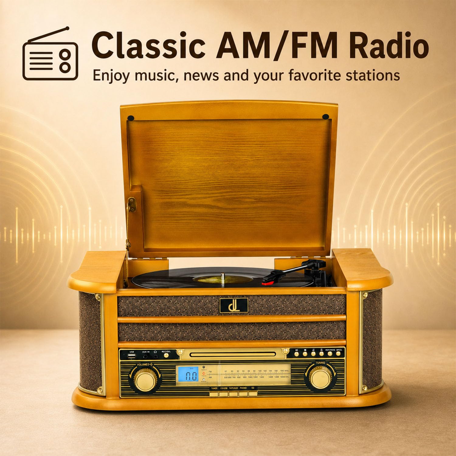 DL Giradischi vinile con altoparlanti e registrazione USB all-in-one, sistema stereo vintage con lettore CD, cassette, radio AM/FM, ingresso ausiliario, centro musicale