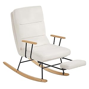 SONGMICS HOME Silla Mecedora, Patas de Madera de Caucho, Tela de Felpa, Respaldo Regulable en 4 Posiciones, Capacidad de Carga hasta 160 kg, para Dormitorio, Salón, Blanco Crema LYY016W01