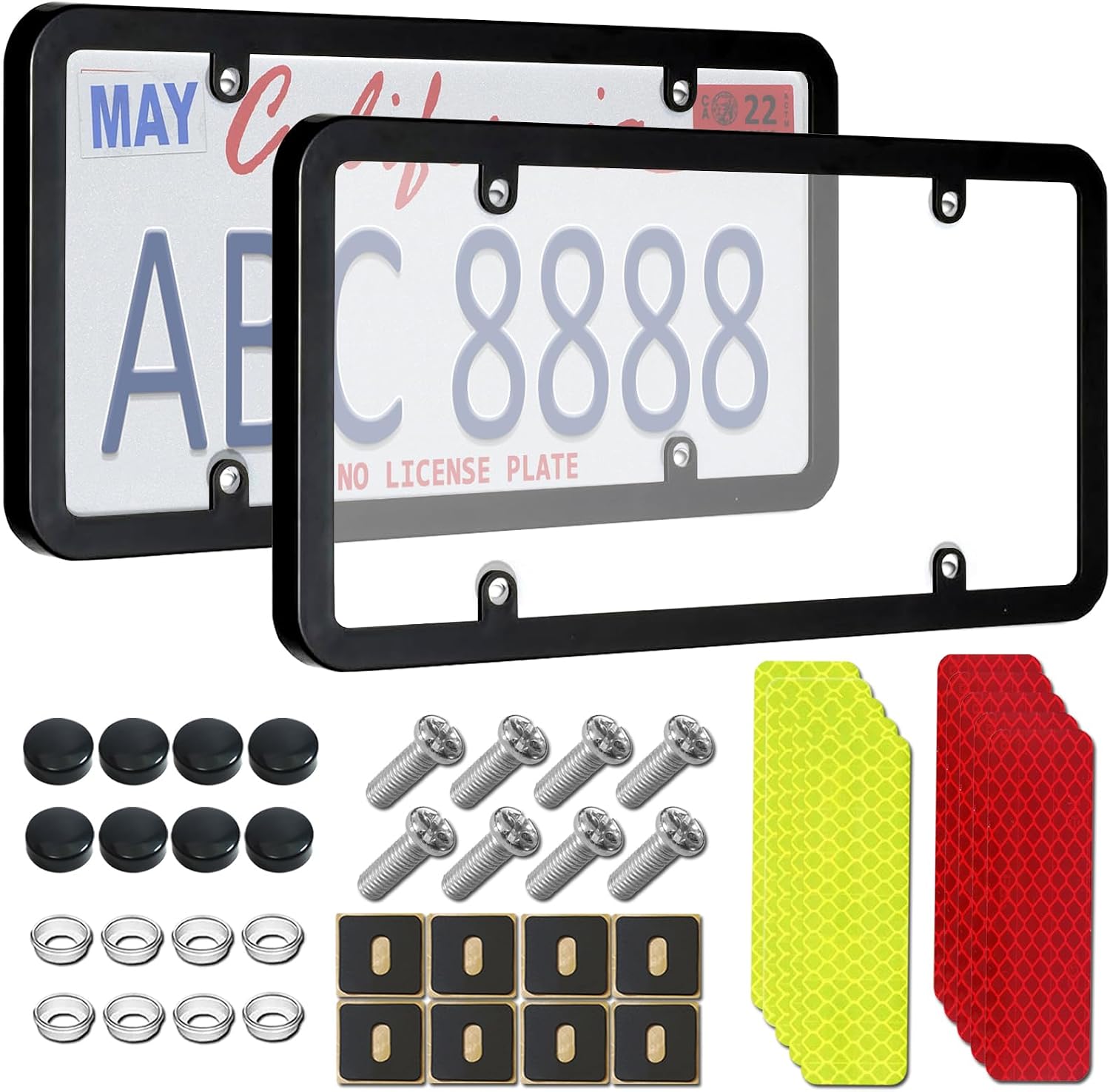 License Plate Covers & Frames - 2 Pack Clear Flat License Plate Protector, Car Front/Rear License Plate Frame with Screws & 10PCS Reflective Stickers