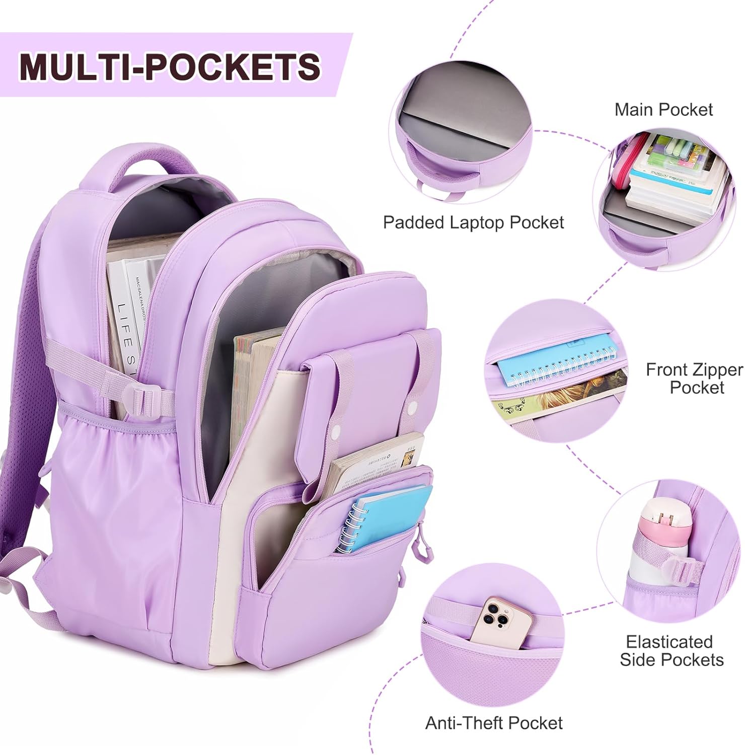 3PCS Girls Backpack for School, Kids School Backpack for Girls with Lunch Bag Pencil Case, Kids School Bookbag Teen Girls Backpacks for Elementary Middle High College School (Purple) - Image 3