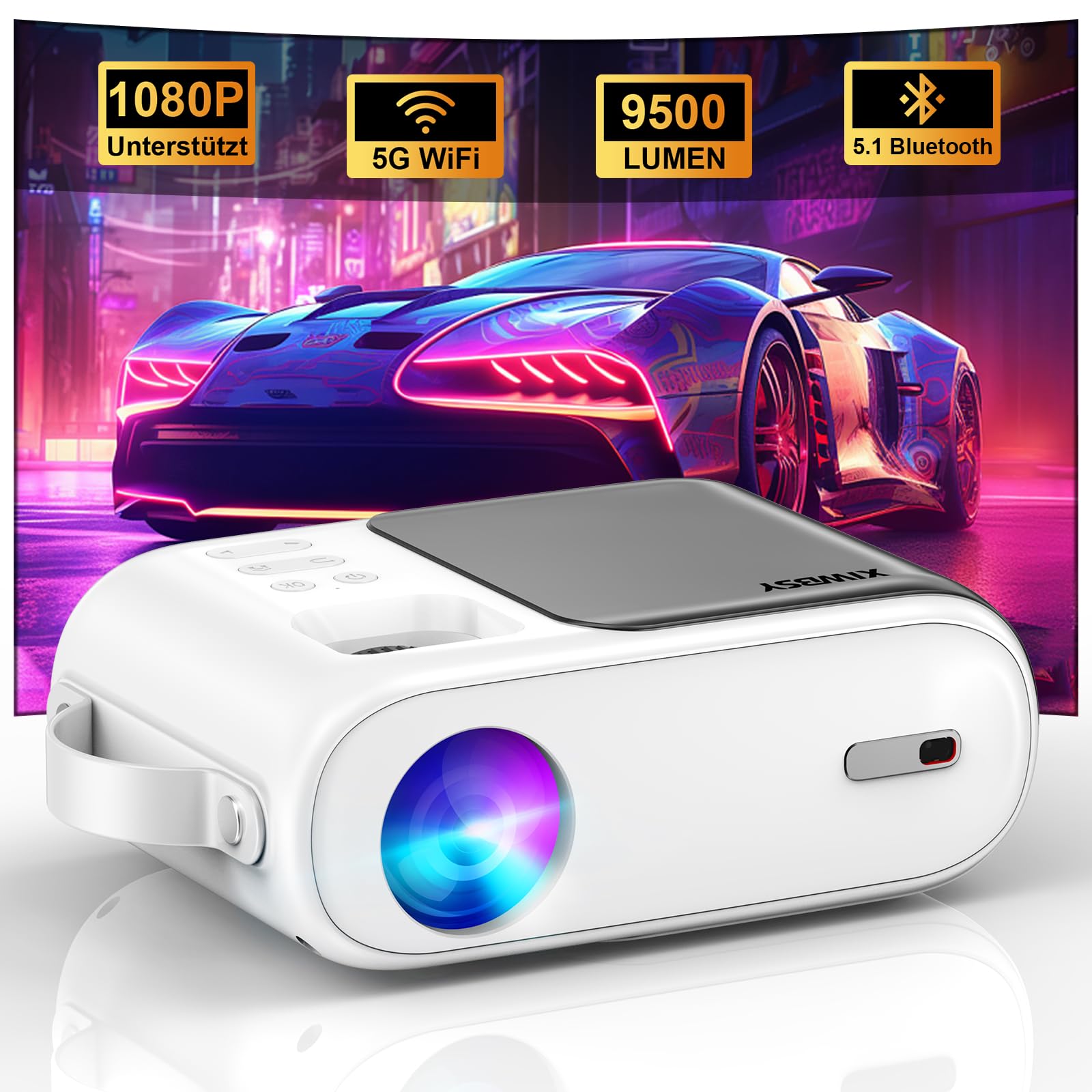 Mini Projector, XIWBSY 9500 Lumens Bluetooth Projector 1080P Support, 5G WiFi LED Home Cinema Portable Projector, Compatible with TV Stick/X-Box/DVD/Laptop/Smartphone/Android/HDMI/USB