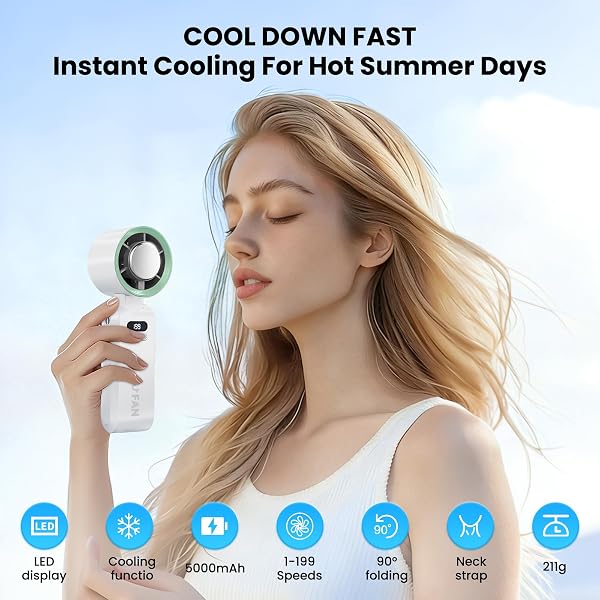 PTHTECHUS Ventilateur Portable,Ultra Rapide 10m/s,Rechargeable USB 5000mAh,1-199 Vitesses,Affichage LCD,Ventilateur de Poche avec Technologie Turbo pour le bureau,le Extérieur,le Voyage (Blanc) - 2