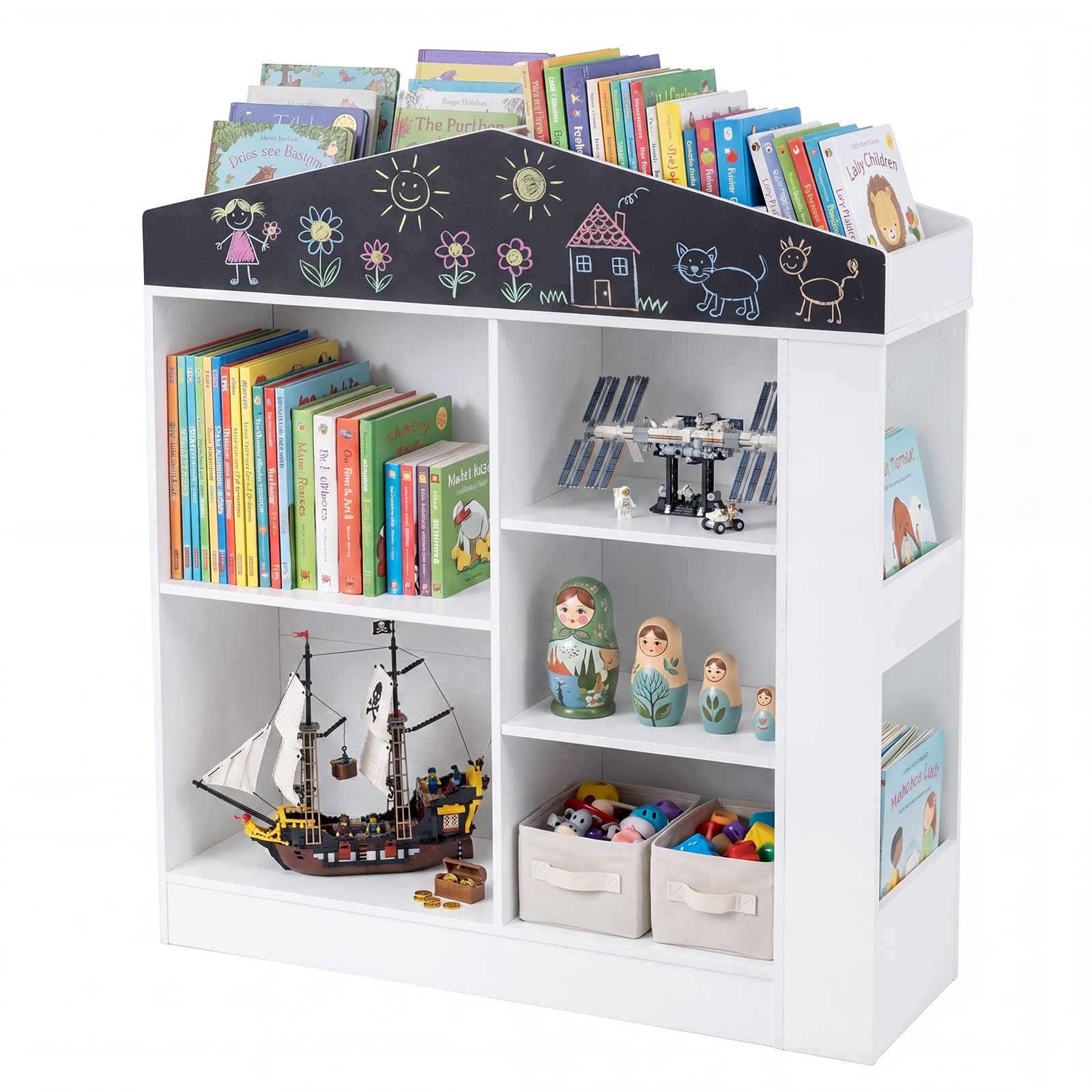 RELAX4LIFE Libreria Montessoriana per Bambini, Scaffale Portaoggetti con Scomparti e Lavagna, Libreria a Forma di Casa per Cameretta, Sala Giochi e Asilo Nido