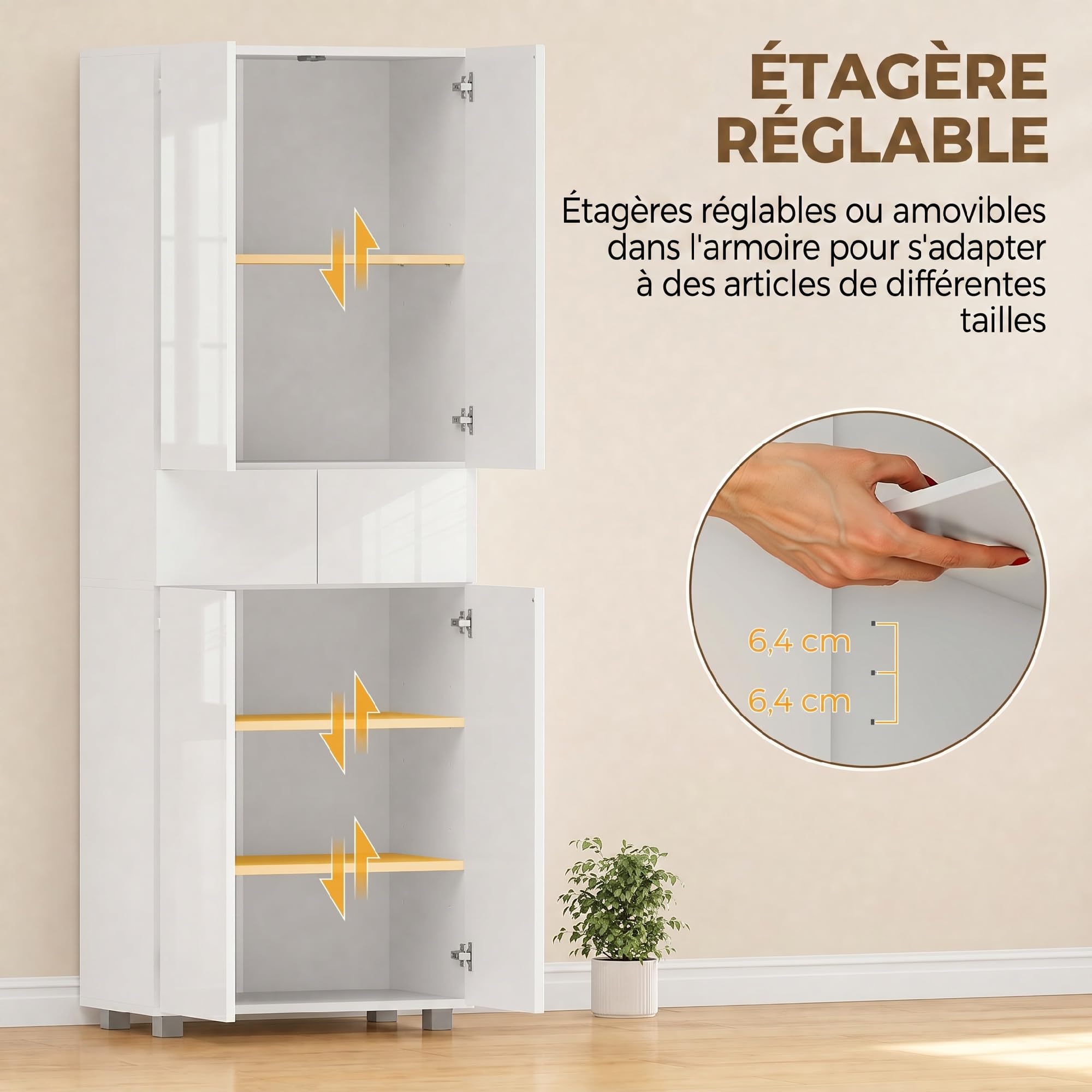 HOMCOM Armoire Cuisine, Moderne, 2 Tiroirs, 60 x 35 x 170 cm Blanc Laqué | Buffet de Cuisine Haut, Meuble de Rangement, 4 Portes Ouverture par Poussée, Étagères Réglables