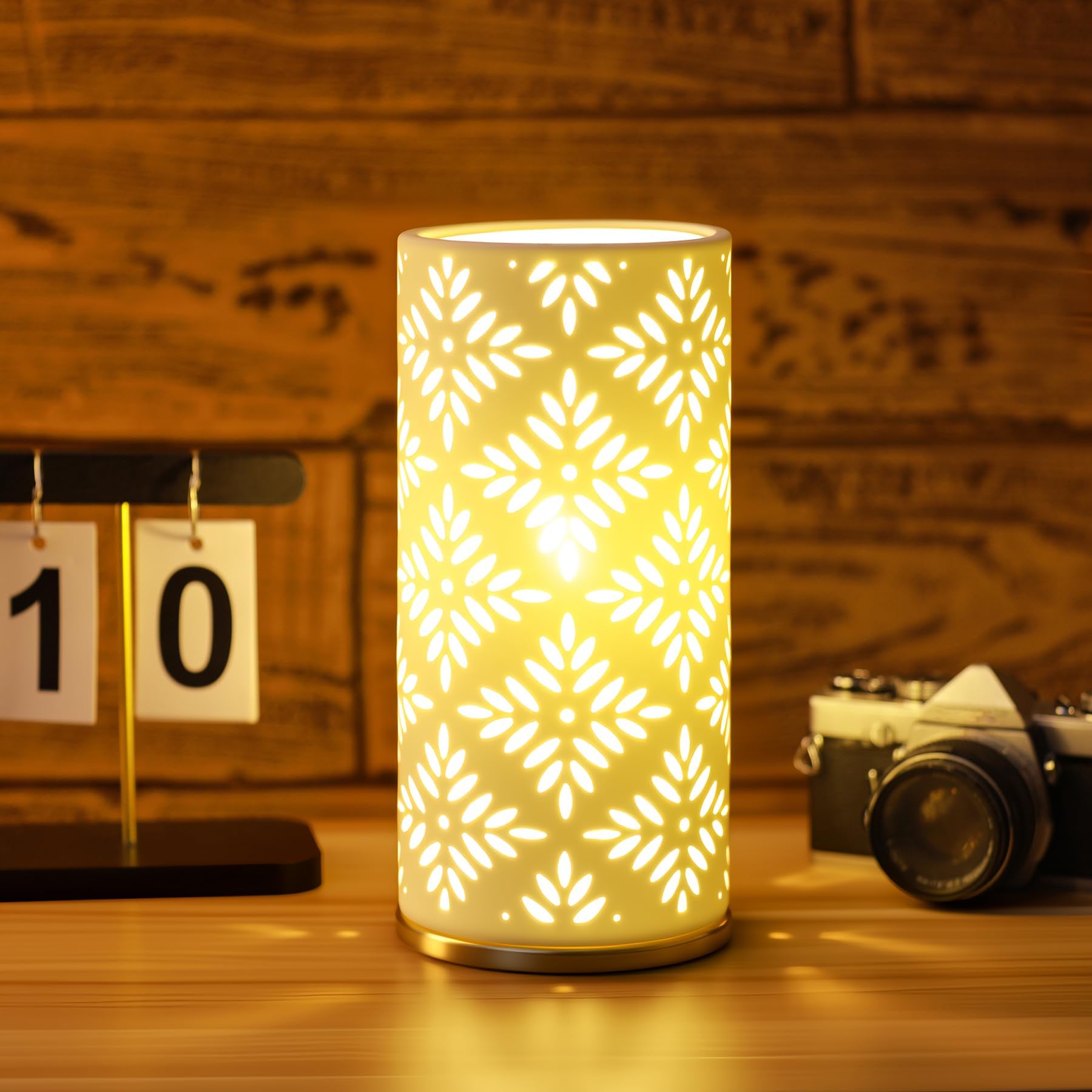 Small Modern Ceramics Bedside Table Lamp, 4.5 x 4.5 x 9.75 Inch White Geometry Style Nightstand Lamps, Side Table Lamps for Bedroom Living Room Entryway Table Light