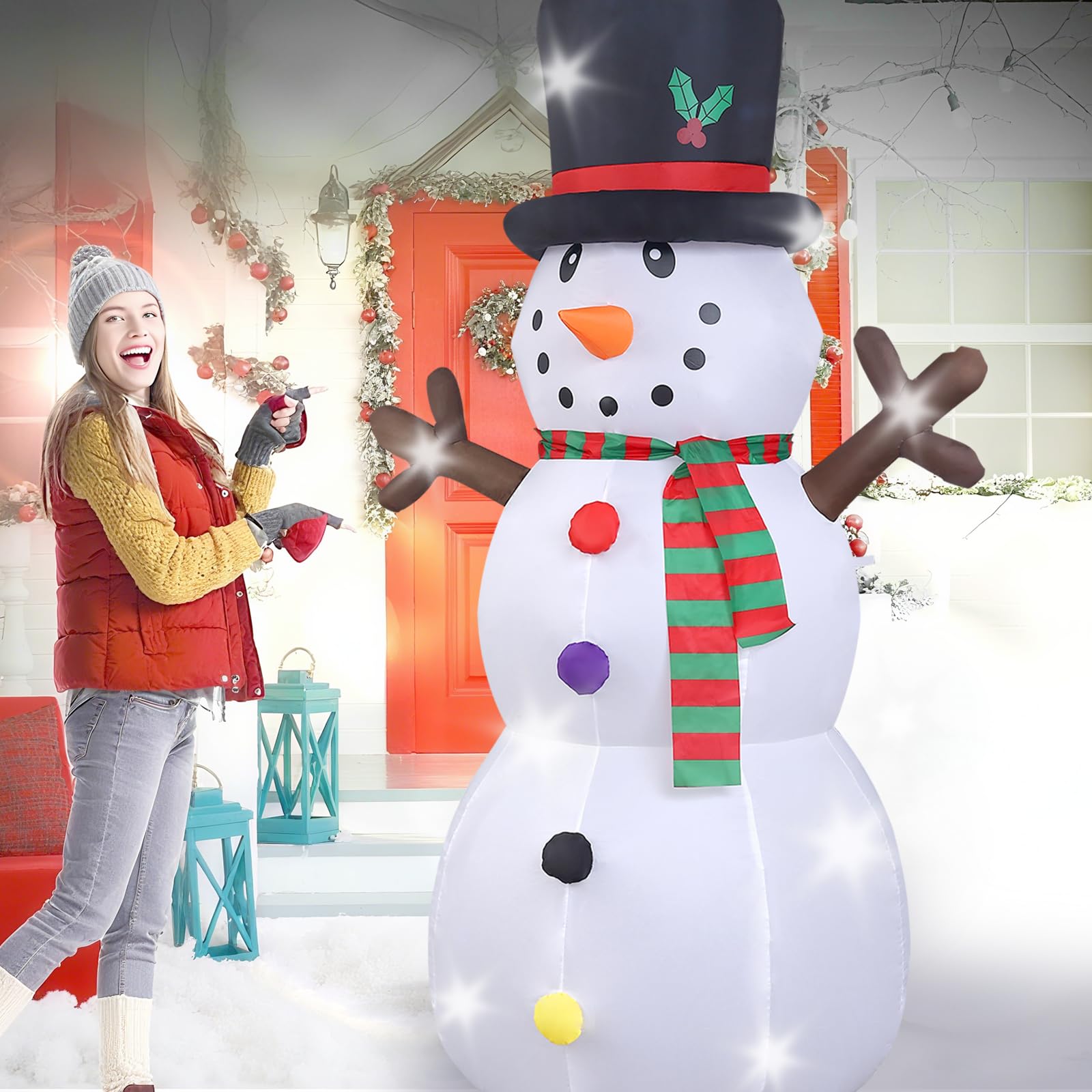 Bonhomme de Neige de Noël Gonflable, 240cm Bonhomme de Neige avec Lumières LED, Décoration de Noël avec des Pieux de Cordes Fixes, Décoration du Modèle pour Jardin Fête Intérieur Extérieur -1250mA/15W
