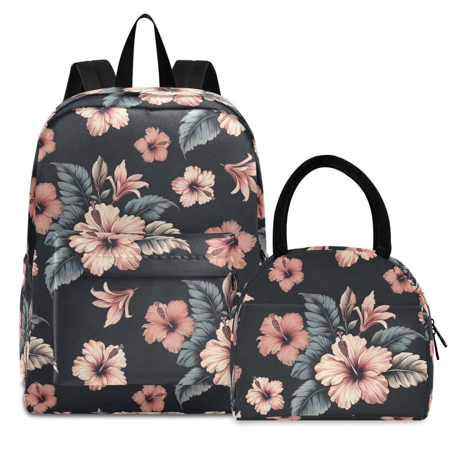 MCHIVER Black Hibiscus Flower School Backpacks for Boys & Girls Light Weight Bookbag set with Lunch Box Rucksacks for Work School 2 Pcs 16.5 Inch