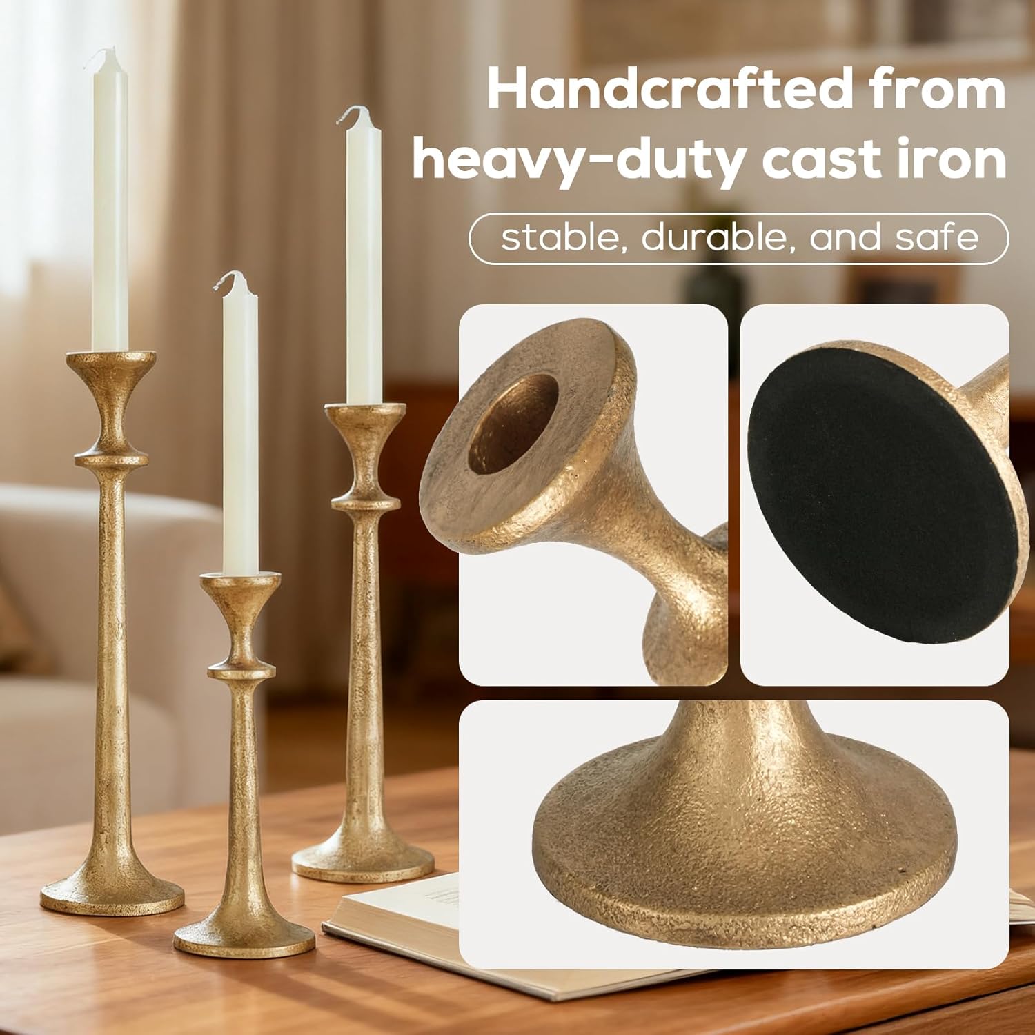 Gold Taper Candle Holders Set of 3 Heavy Cast Iron Antique Brass Candlestick Holder for Table Centerpiece Vintage Decorative Candelabra for Home Decor Fireplace Wedding Holiday Christmas Halloween