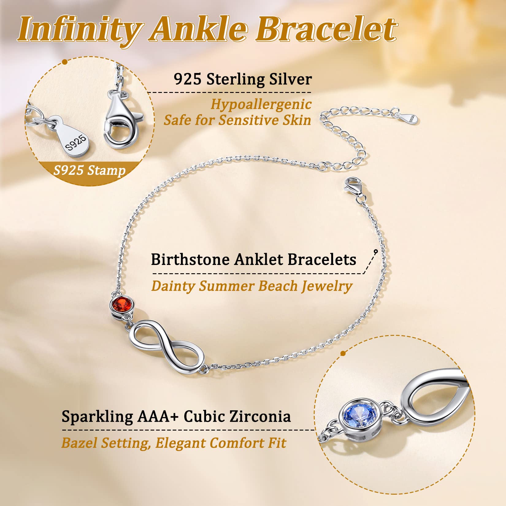 Suplight Cavigliera donna in argento sterling 925 con ciondolo infinito pietra sintetica di nascita da 12 mesi cavigliera catenina con pietra ipoallergico gioiello da spiaggia