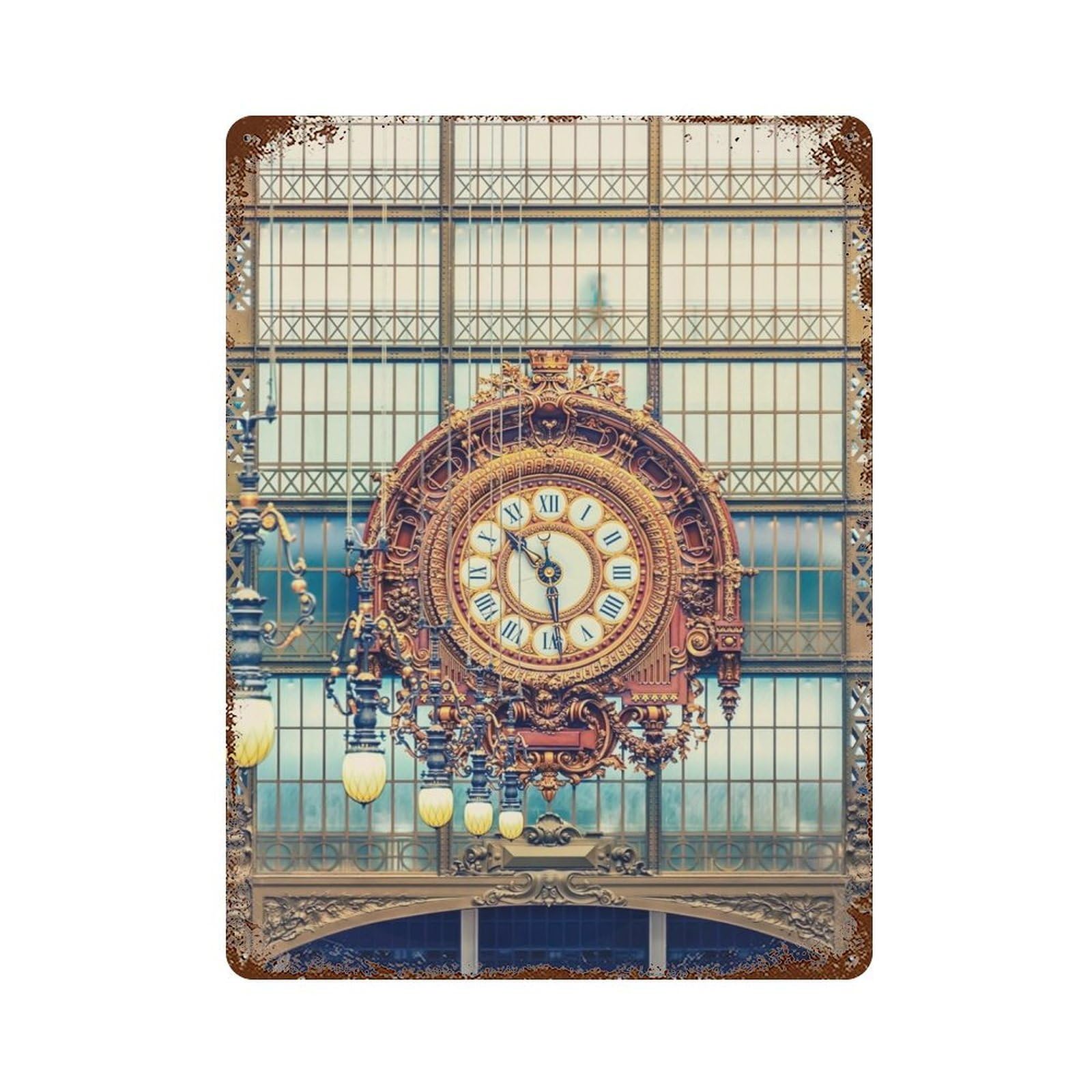 The Clock Rust Effect Tin Sign 15.7"x11.8", Industrial Home Decor for Garage, Bar And Workshop Decor