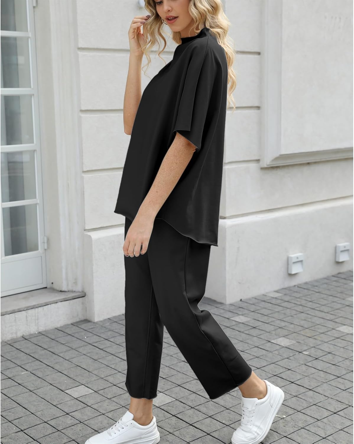 Ainangua Women Casual Two Piece Outfits 3/4 Batwing Sleeve Capelet CrewNeck Pullover Top Wide Leg Pants Lounge Sets Sweatsuit - Image 3