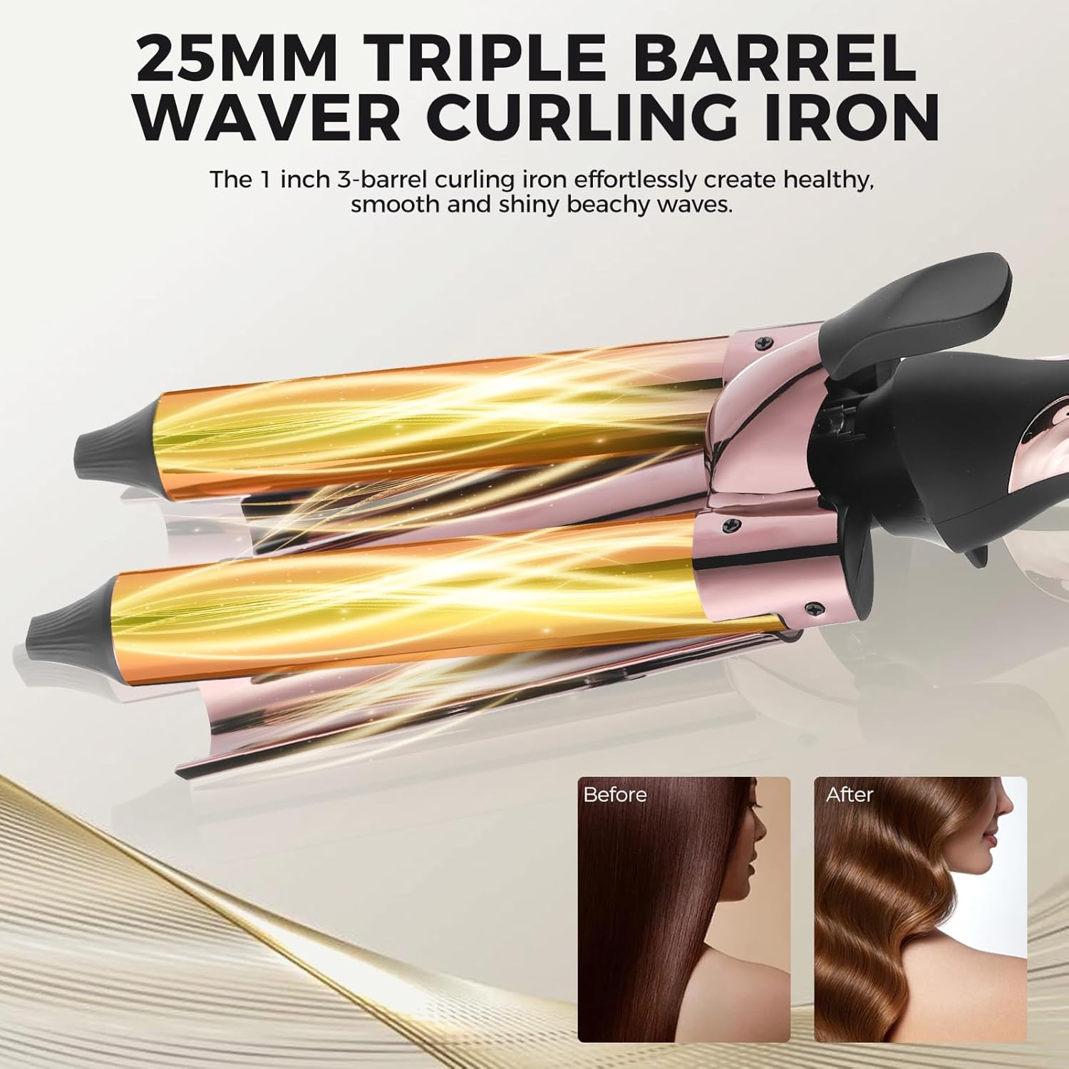 3 Barrel Curling Iron Hair Crimper for Beach Waves, 1” Titanium Hair Waver with 5 Heat Settings, Dual Voltage Crimper for All Hair Types, Fast Heating Triple Barrel Curling Wand - Black - Image 4