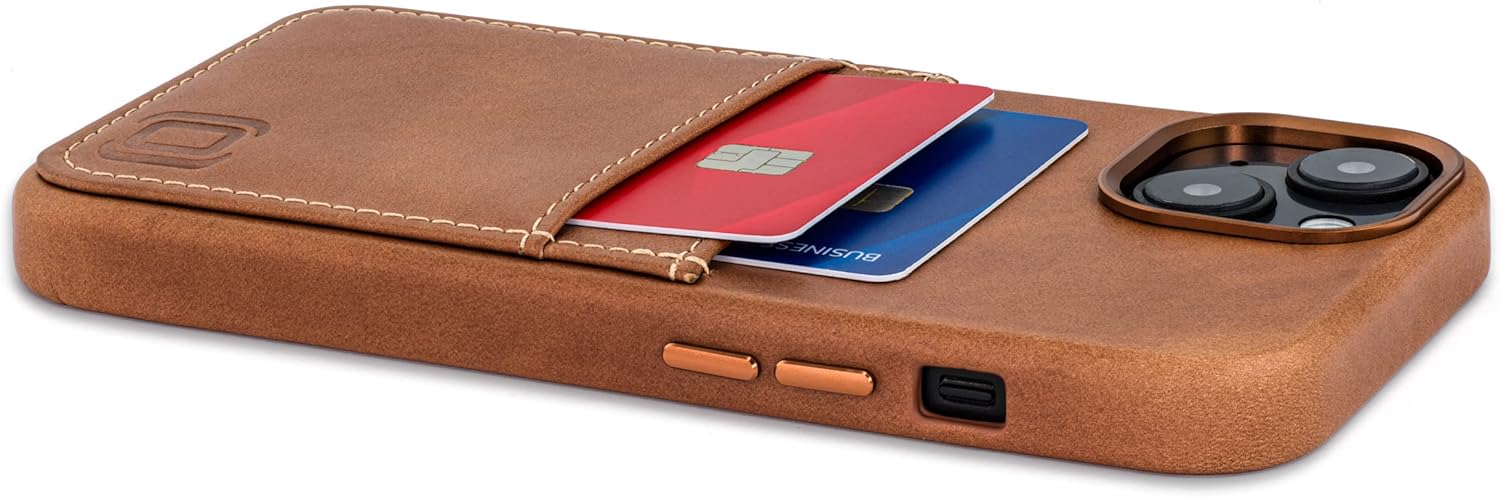 Dockem Genuine Leather Card Case for iPhone 14 with Built-in Metal Plate for Magnetic Mounting, Stitched-on Wallet with 2 Holder Slots (Light Brown, M2GL)